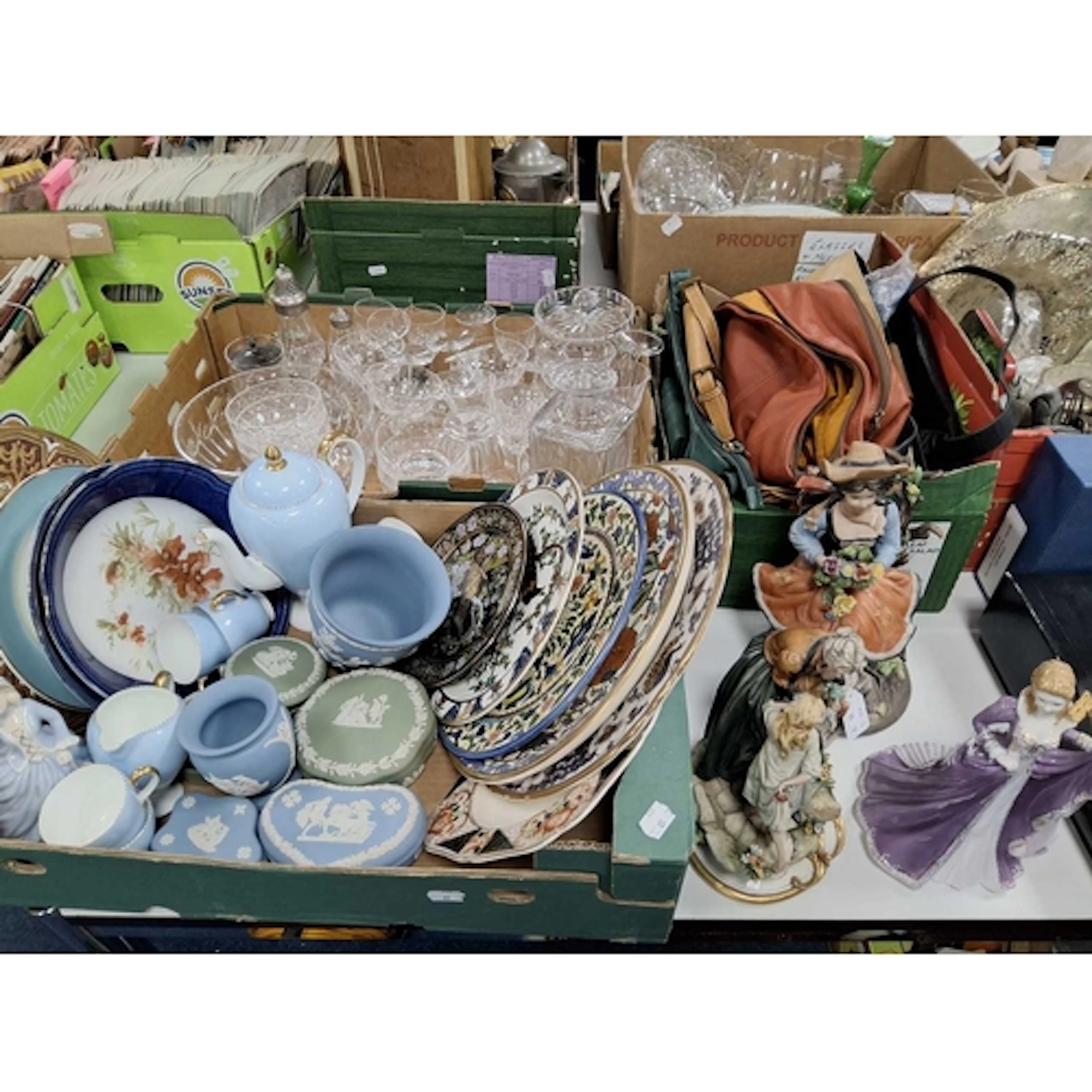 THREE BOXES AND LOOSE OF CERAMICS, GLASS AND HANDBAGS to inc...