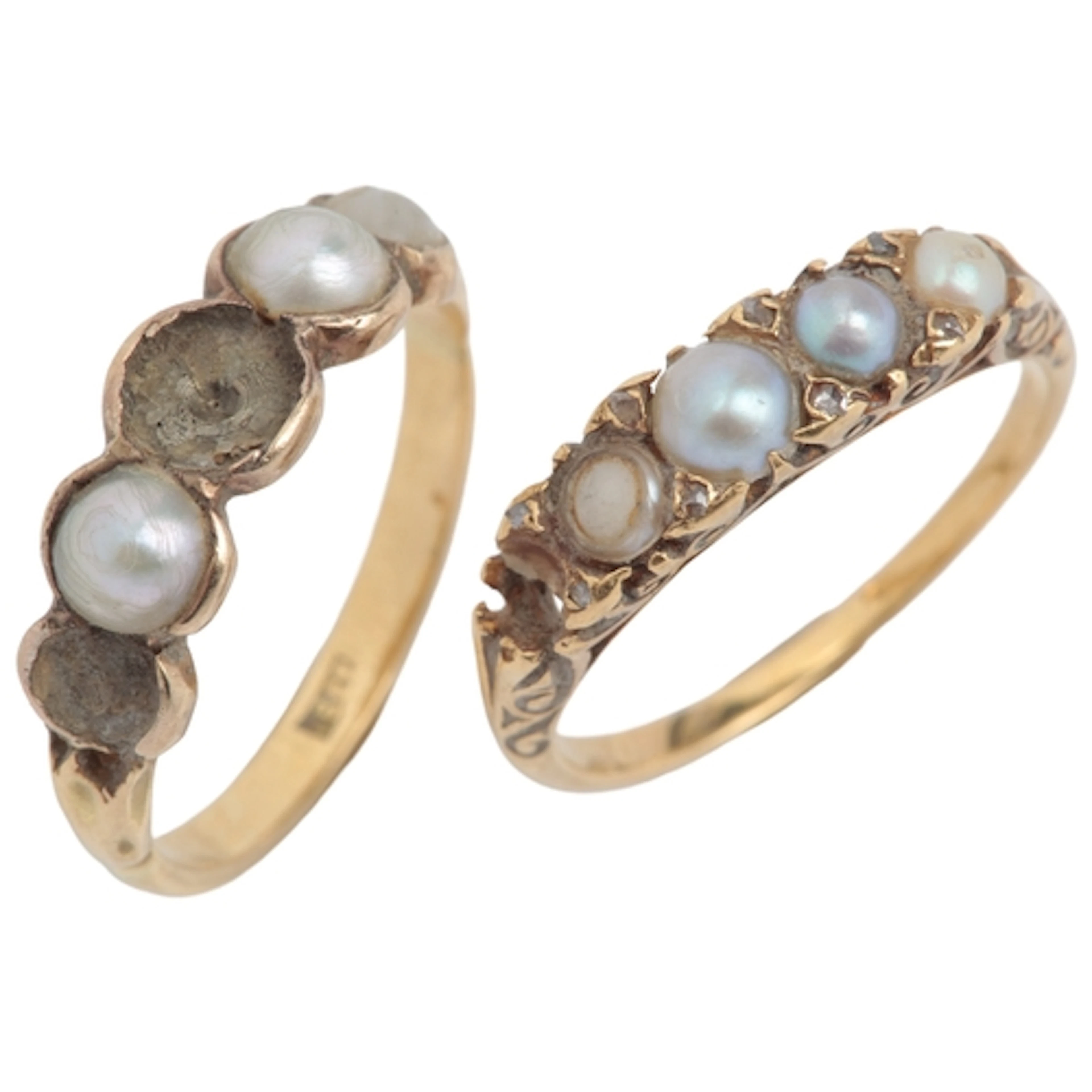 Two pearl rings, early 20th century, each set with graduated...