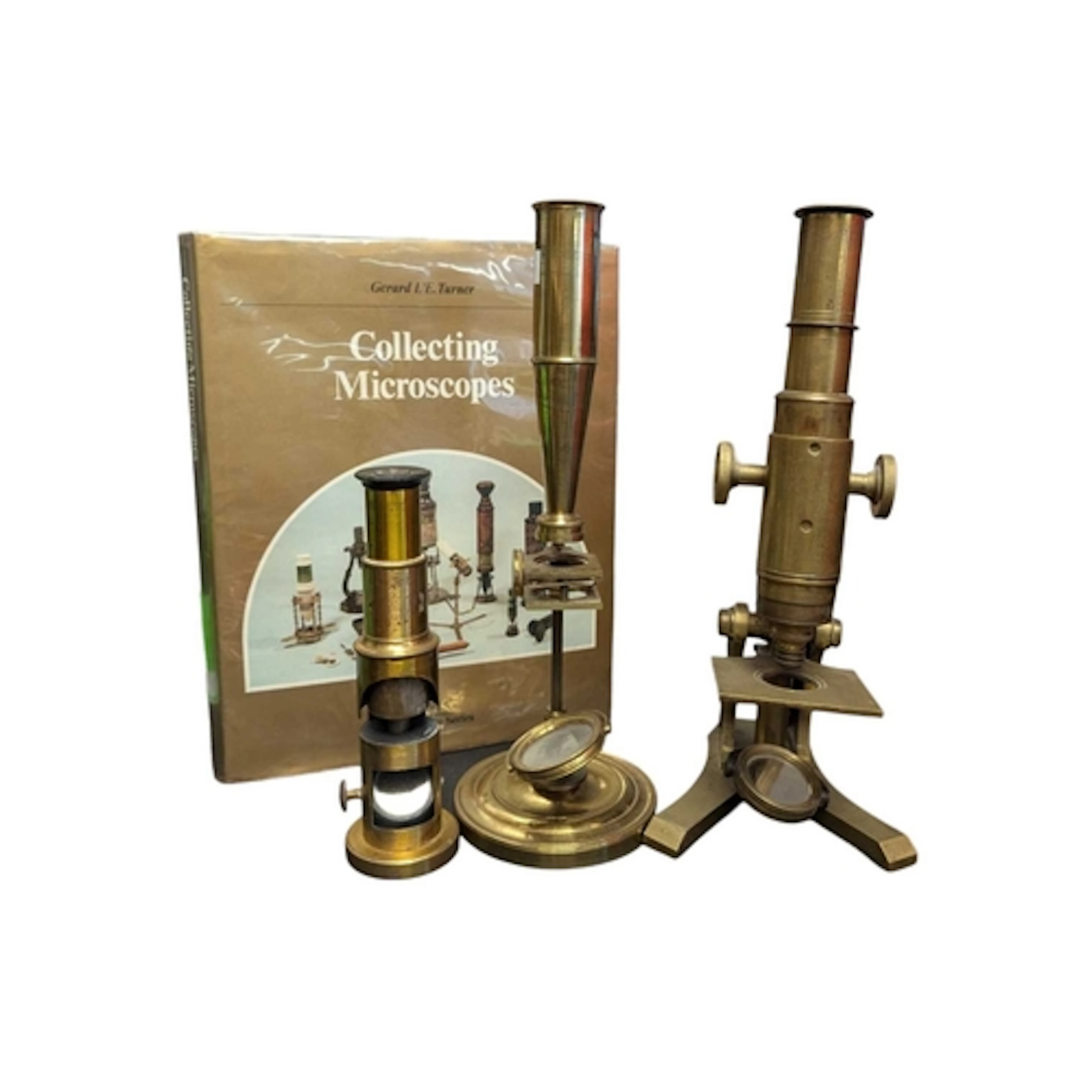 Collection of three early 20th century vintage microscopes. ...