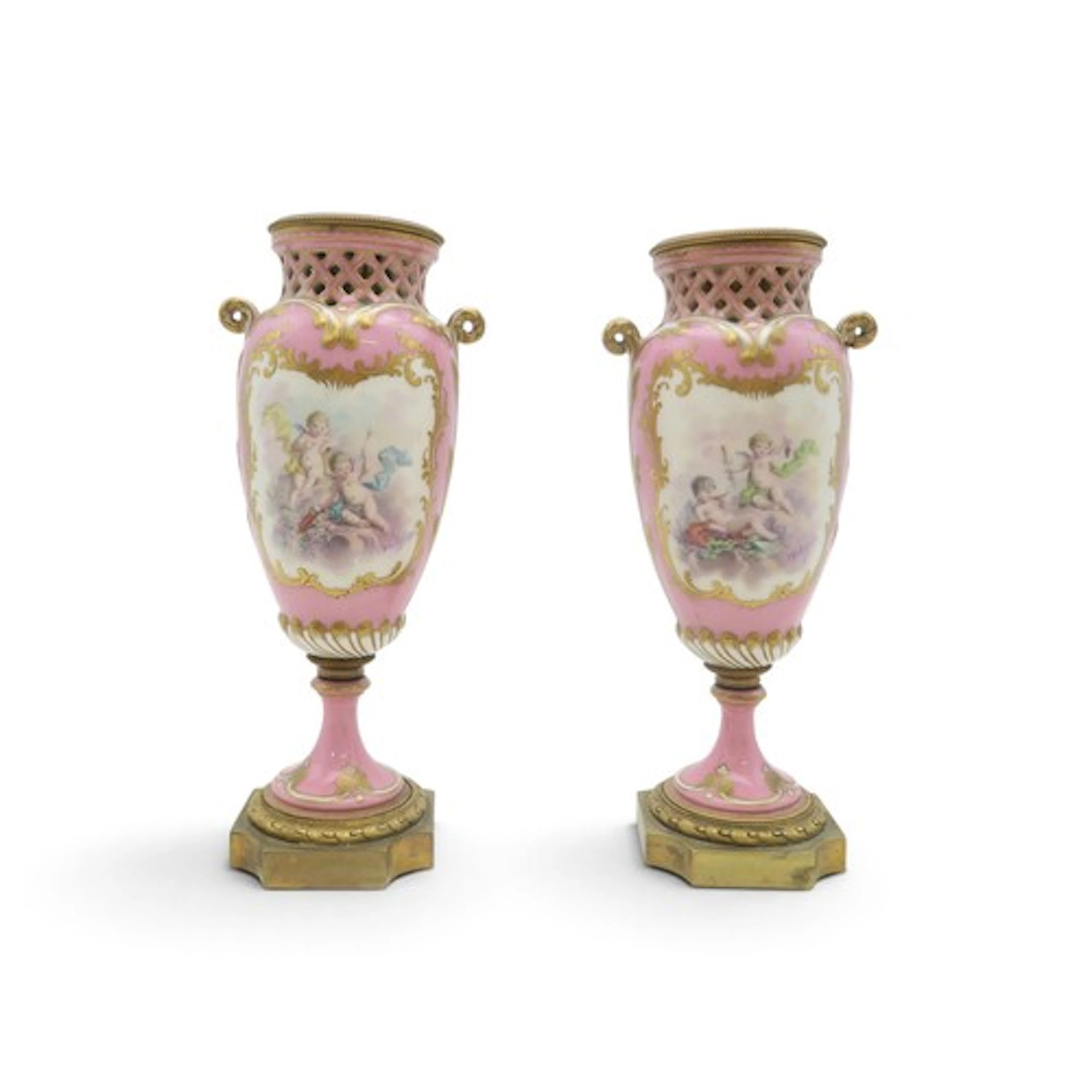 A PAIR OF 19TH CENTURY SEVRES LOUIS XVI STYLE GARNITURE URNS...