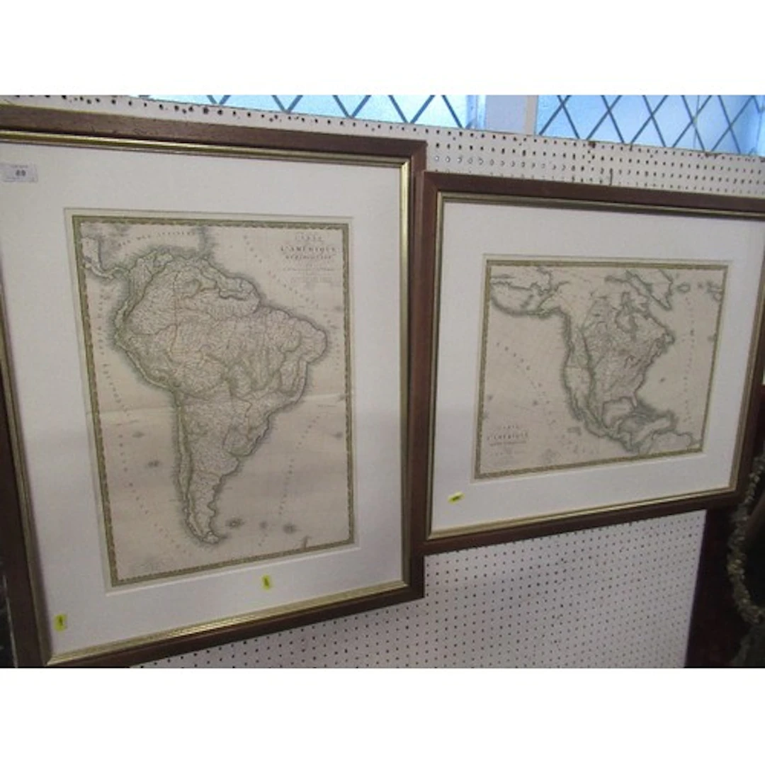 An antique map of "L Amerique" 20ins x 15ins together with a...