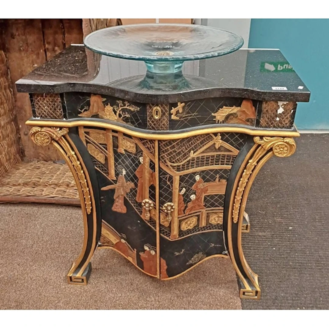 BAKER FURNITURE 19TH CENTURY CHINOISERIE STYLE BLACK LACQUER...