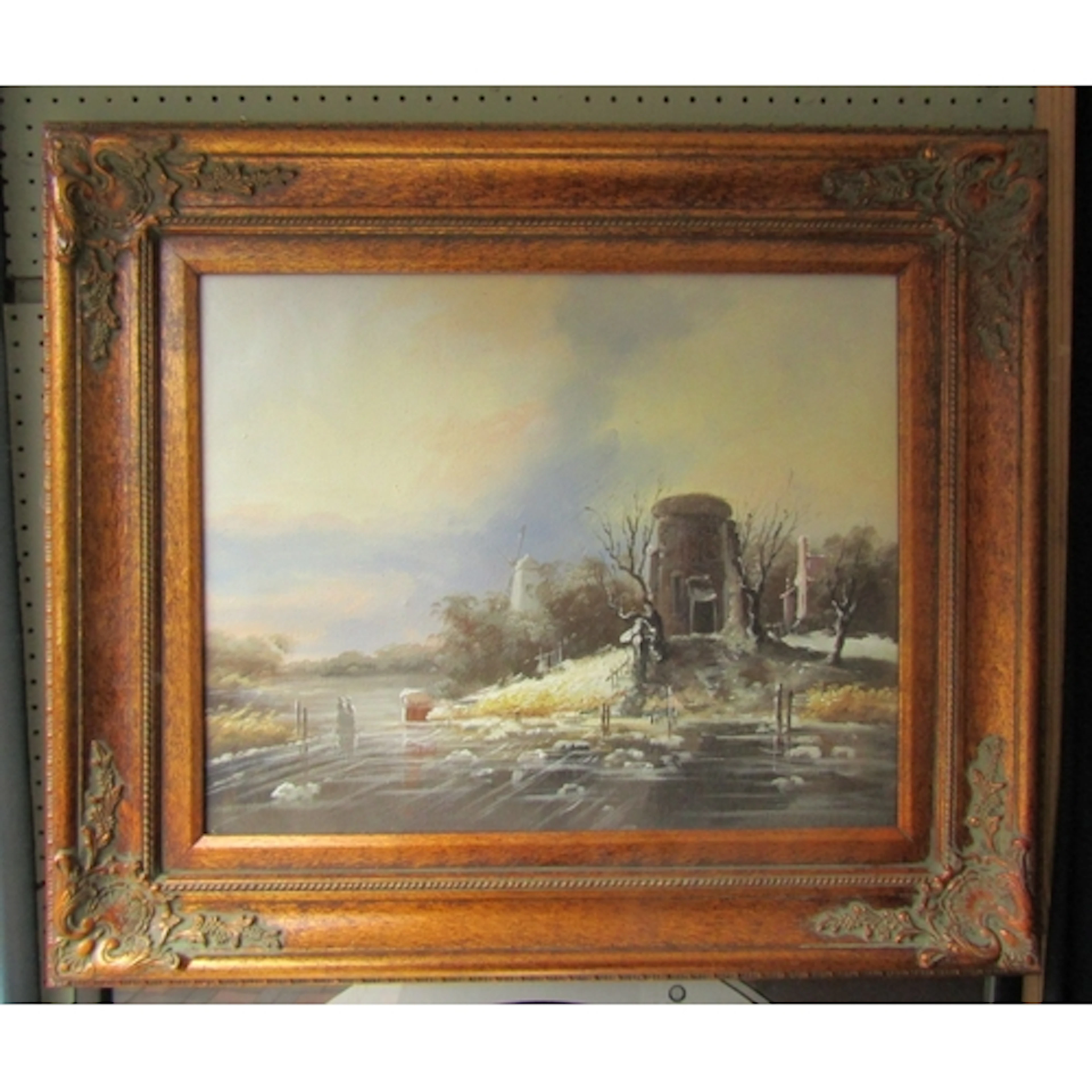 Continental School Frozen River with Windmill to Distance Oi...