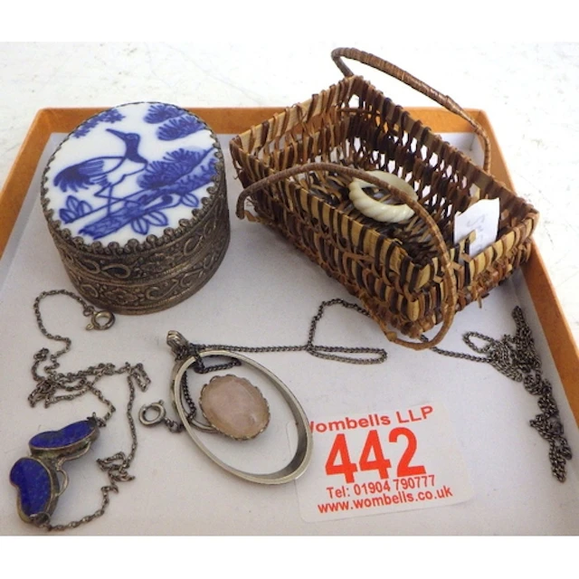 Two necklaces & an Oriental metal box etc