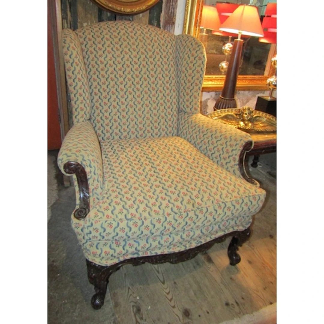 Needlepoint Upholstered Wingback Armchair Mahogany Frame Wel...