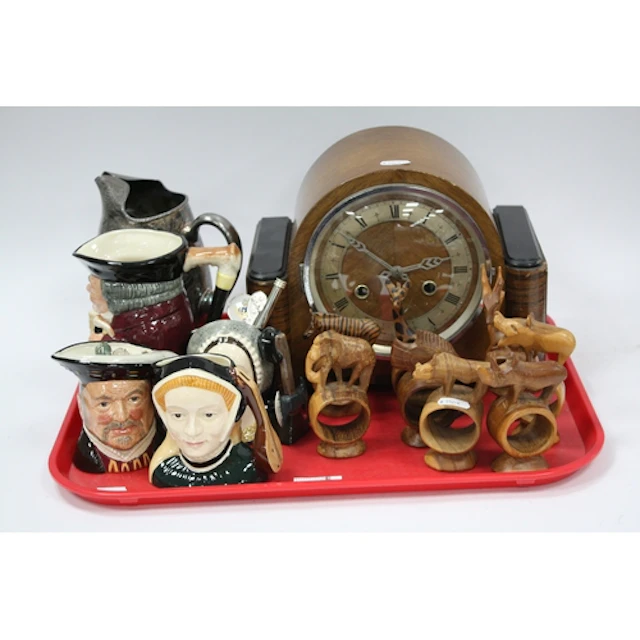Collectables, including vintage mantel clock with arched woo...