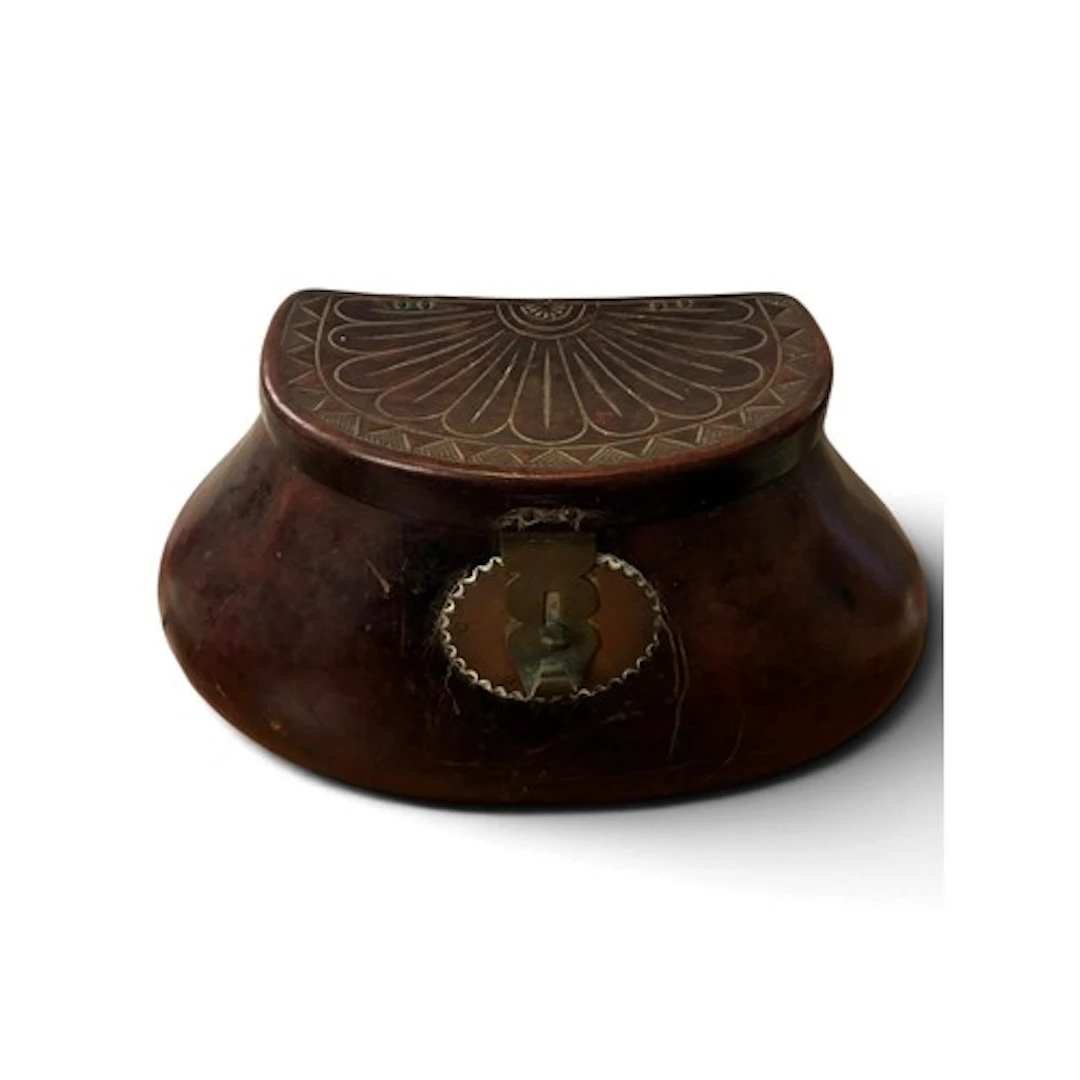 A good 18th century leather pot-bellied fishing creel, the h...