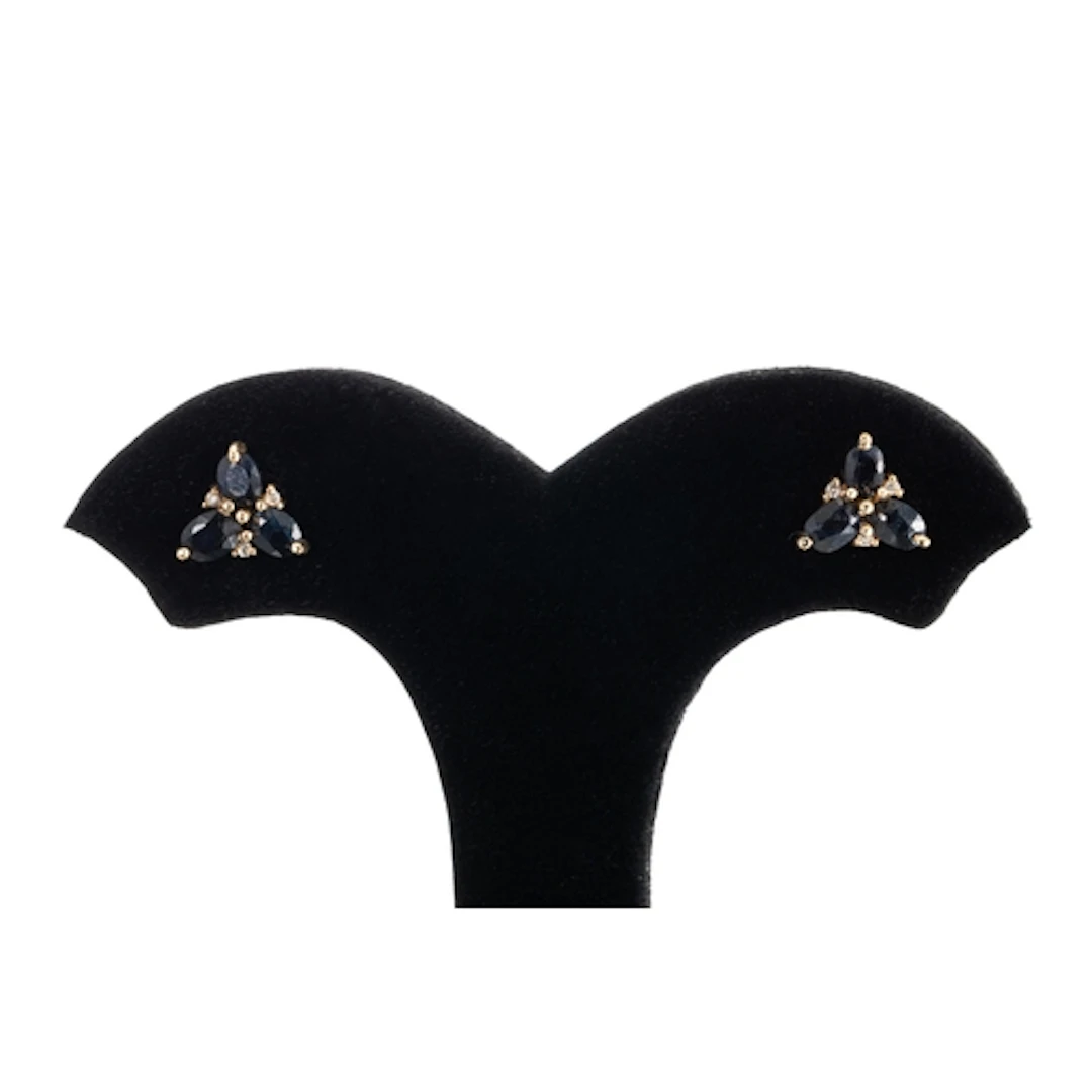 A PAIR OF TRIPLE SAPPHIRE EARRINGS, mounted in 14ct yellow g...