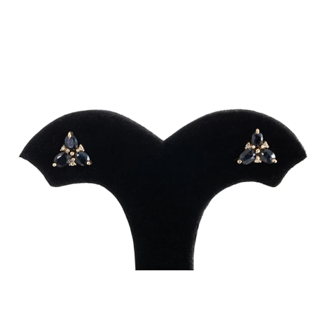 A PAIR OF TRIPLE SAPPHIRE EARRINGS, mounted in 14ct yellow g...
