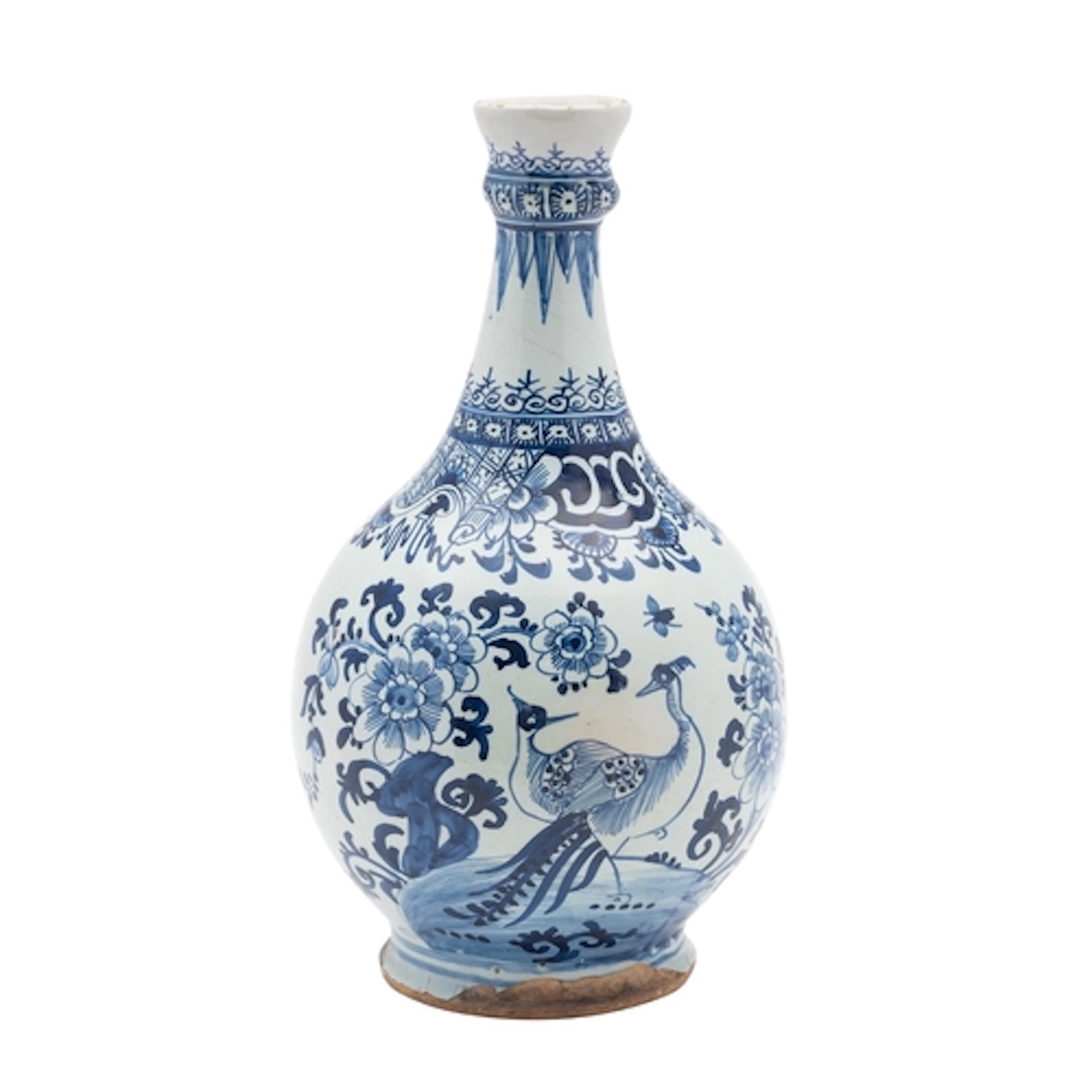 A Dutch Delft bottle vase with garlic shaped neck painted in...