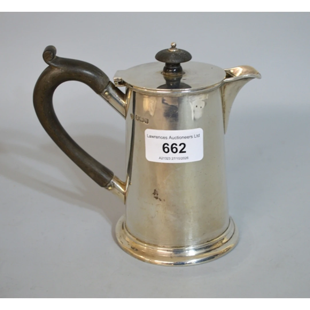 Small Sheffield silver hot water pot, of plain tapering form...