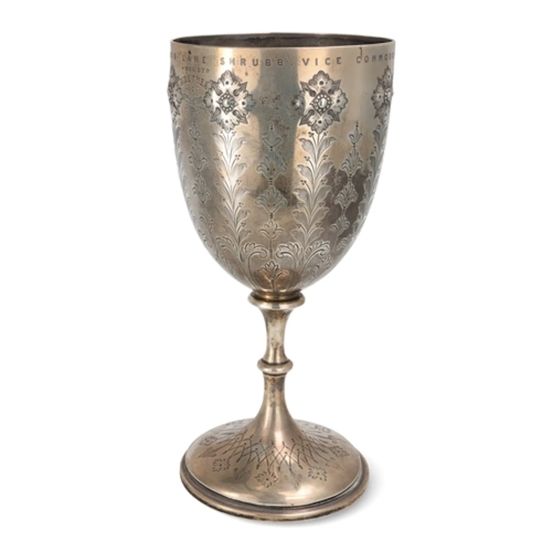 A VICTORIAN SILVER GOBLET PRESENTED BY JOHN LANE SHRUBB VICE...