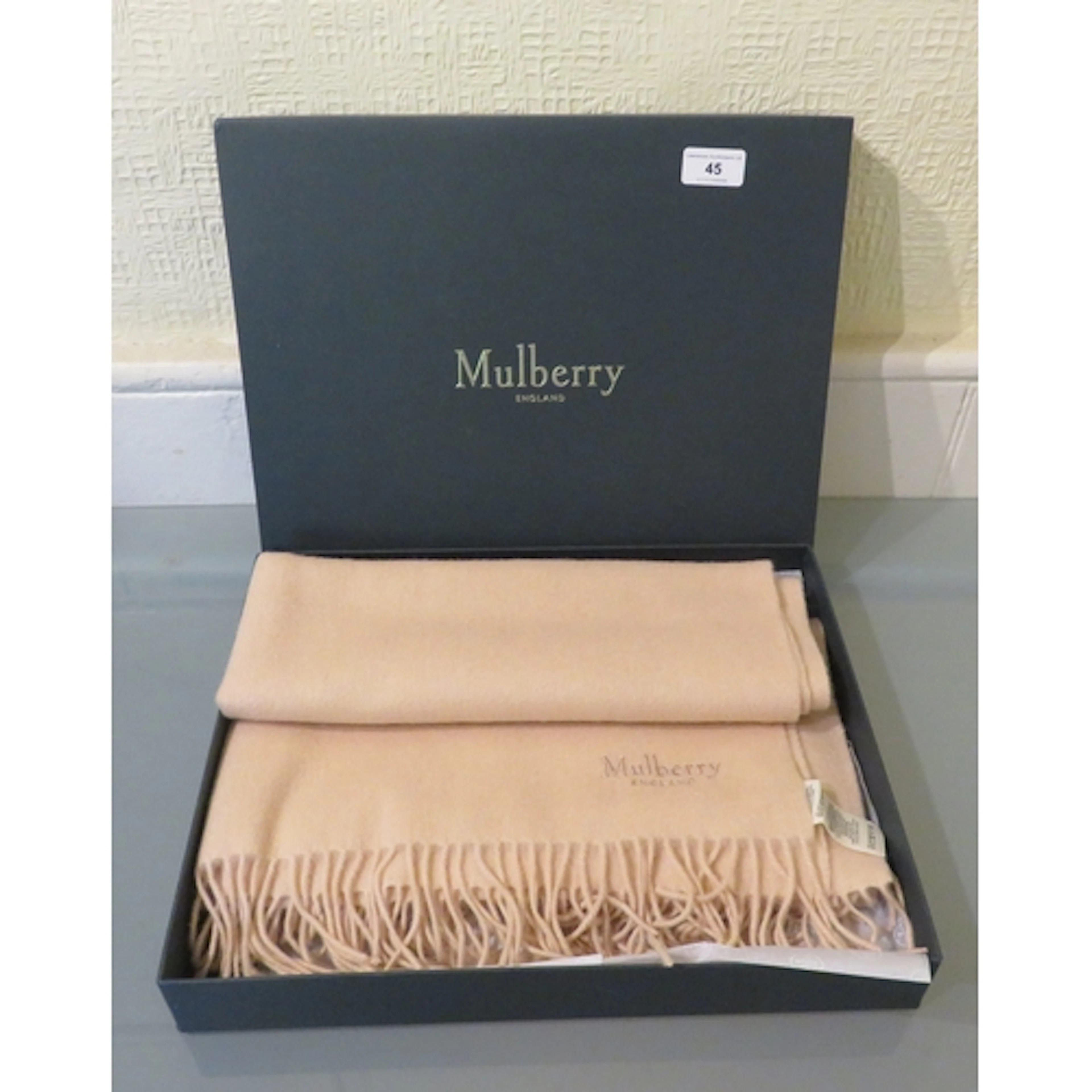 Mulberry pale pink lambswool fringed scarf in original box