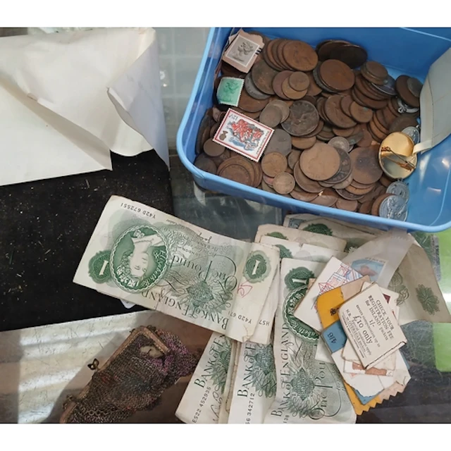 A box of mainly pre decimal coins, and including a five poun...