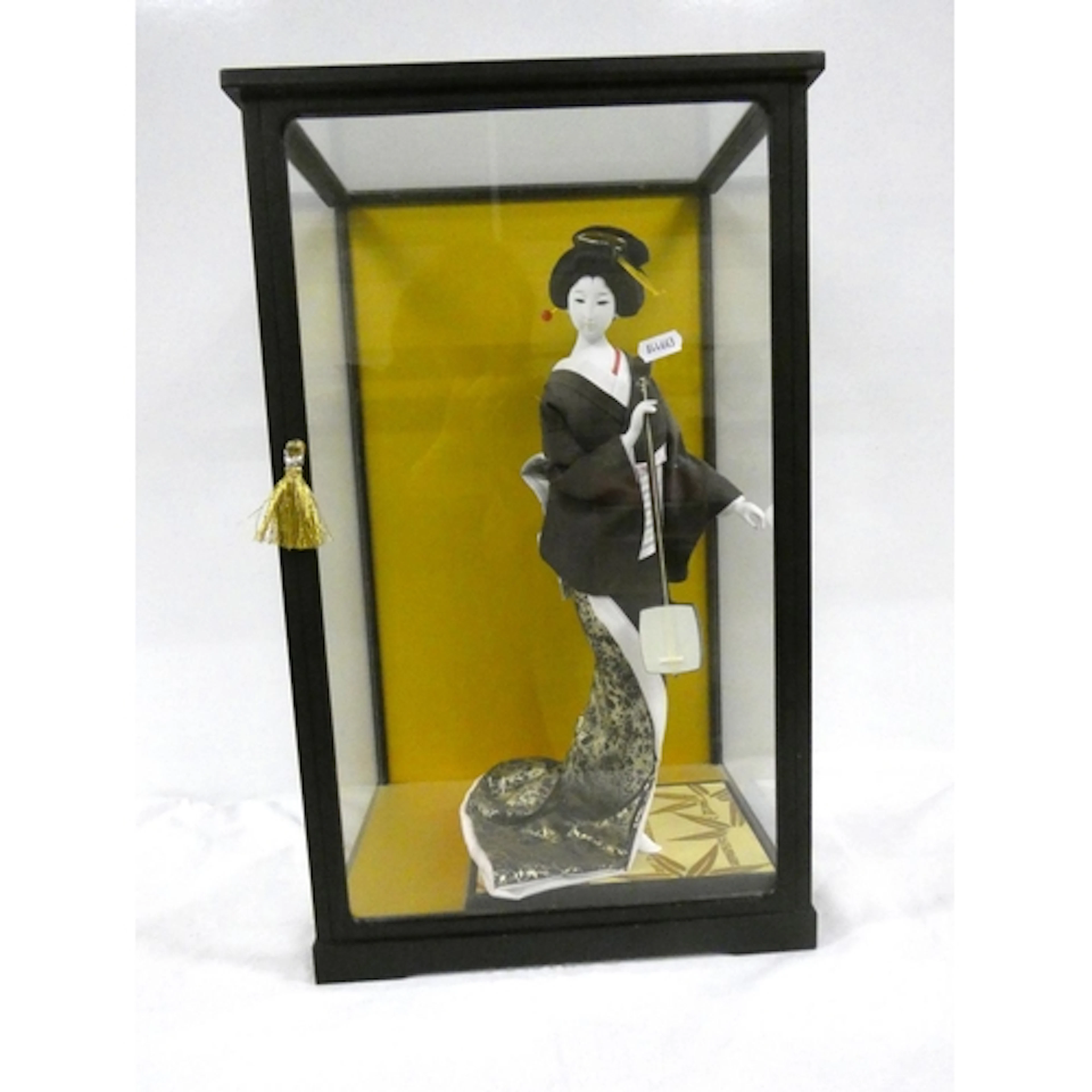Japanese figure in a kimono in display case. Height 54cm.