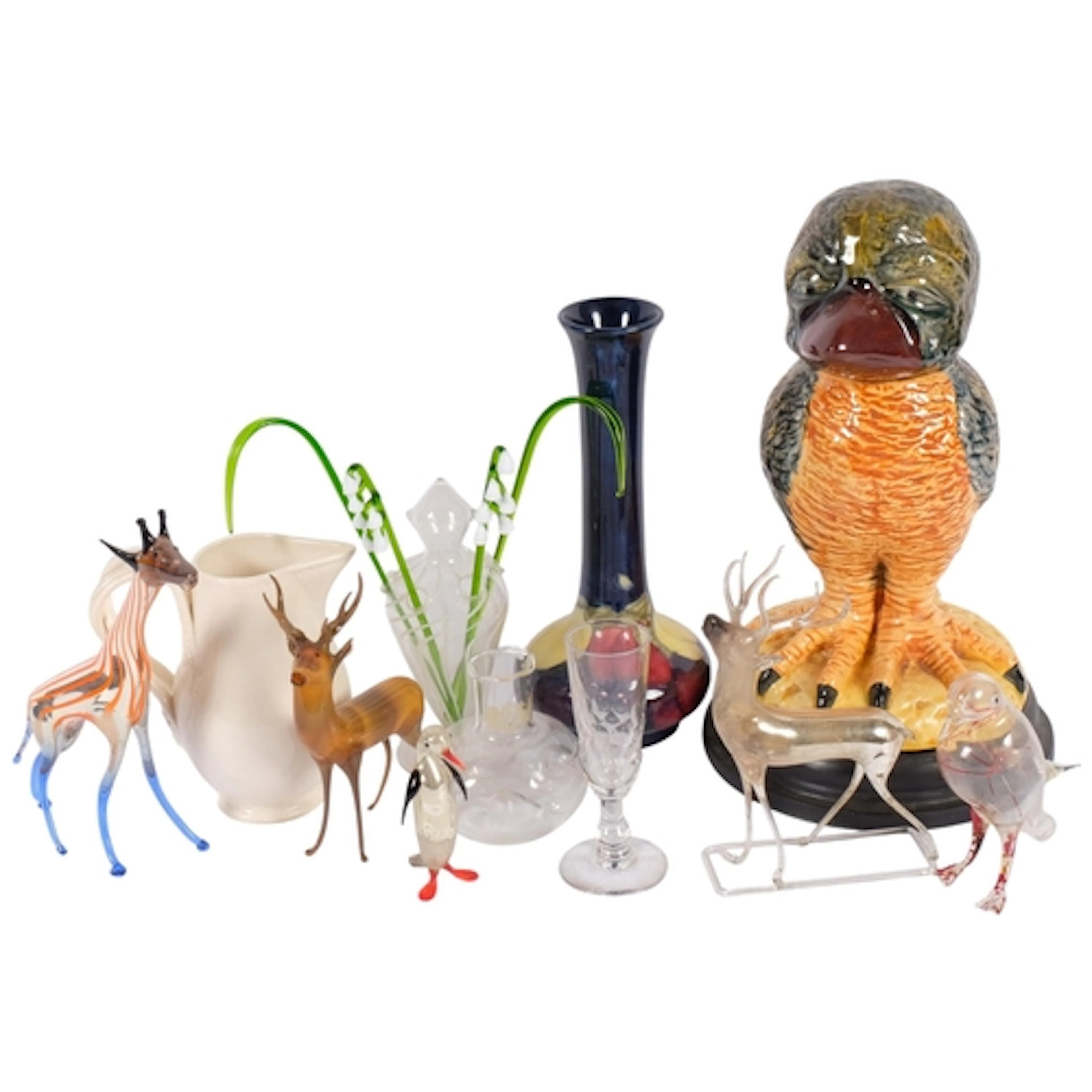 A Moorcroft tube-lined long-neck vase, a Majolica wally bird...