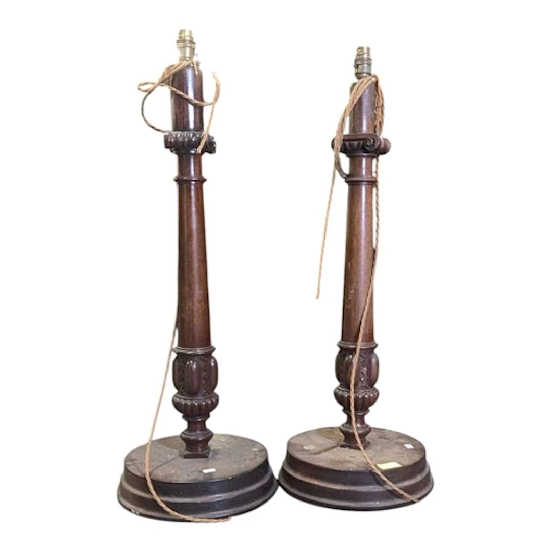 Pair of oak 20th century table / floor light lamps. Raised o...