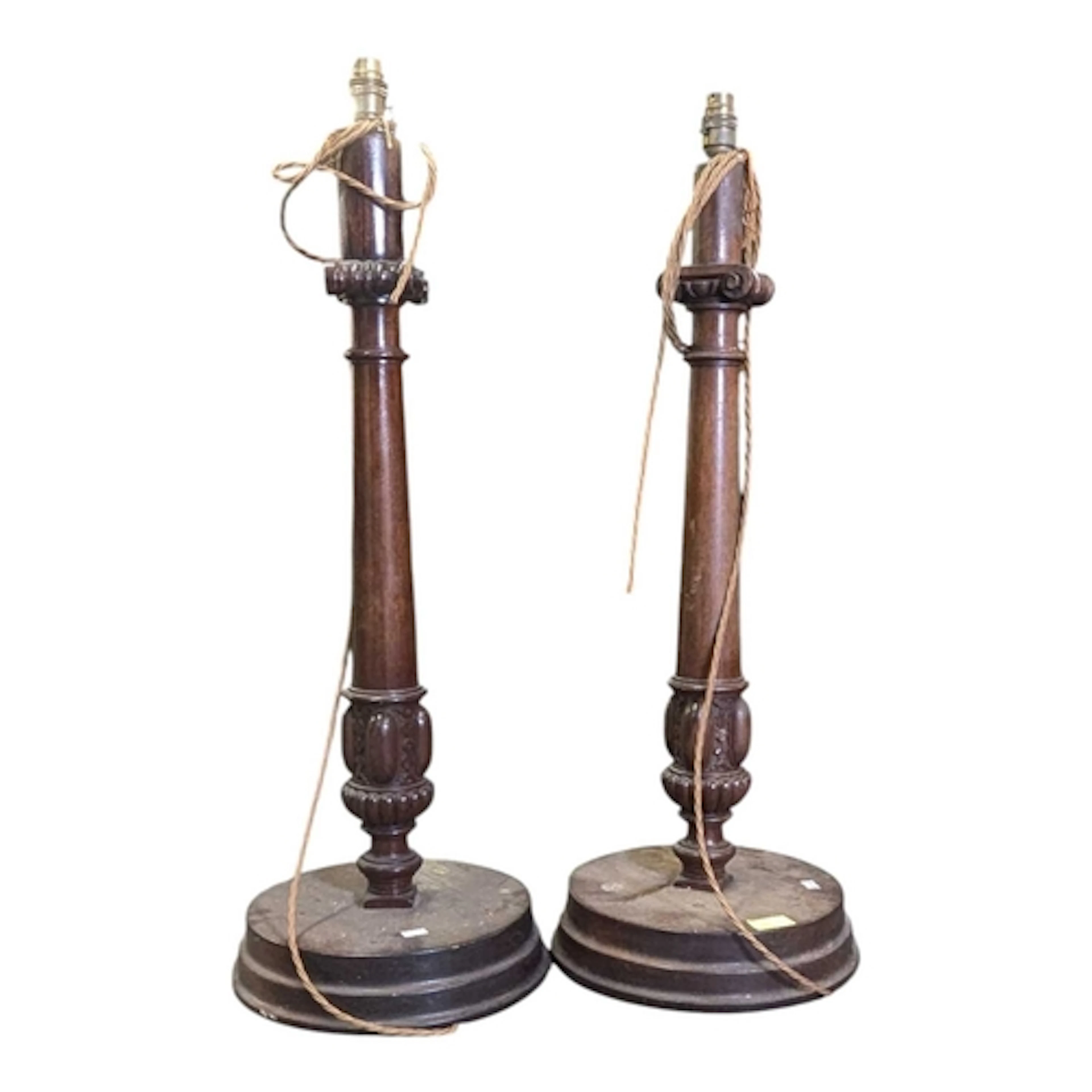 Pair of oak 20th century table / floor light lamps. Raised o...