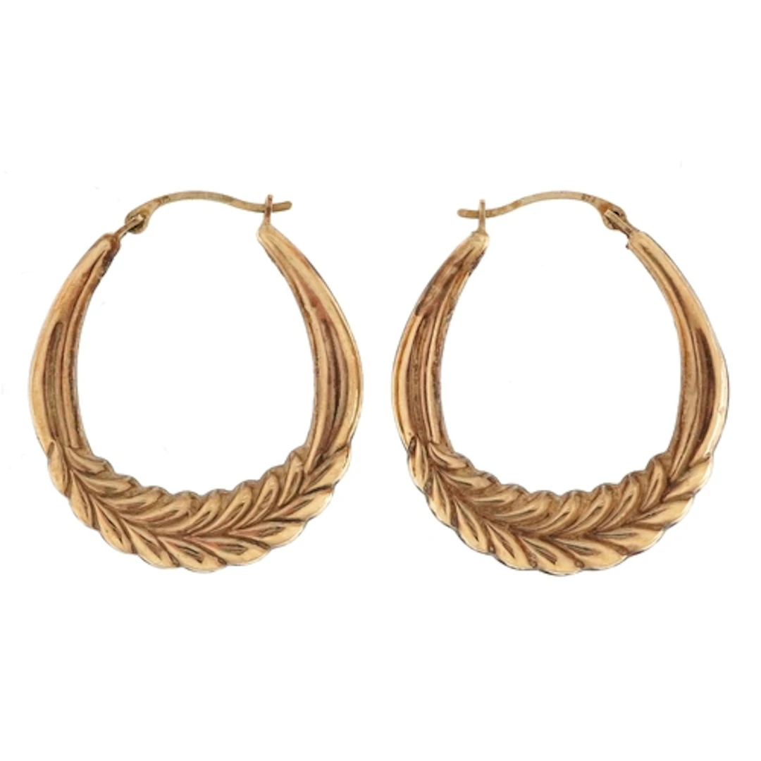 Large pair of 9ct gold floral Gypsy hoop earrings, 3cm high,...