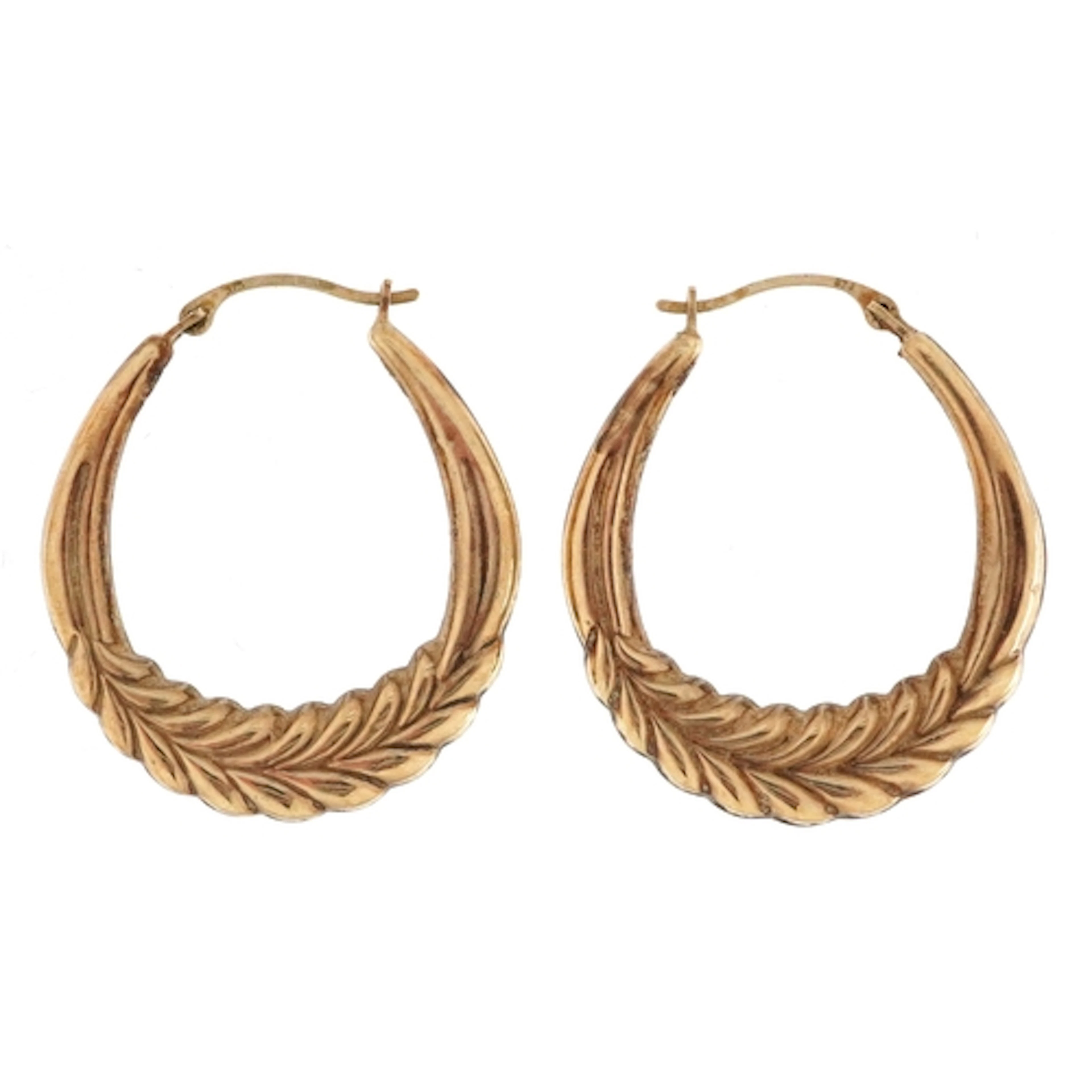 Large pair of 9ct gold floral Gypsy hoop earrings, 3cm high,...