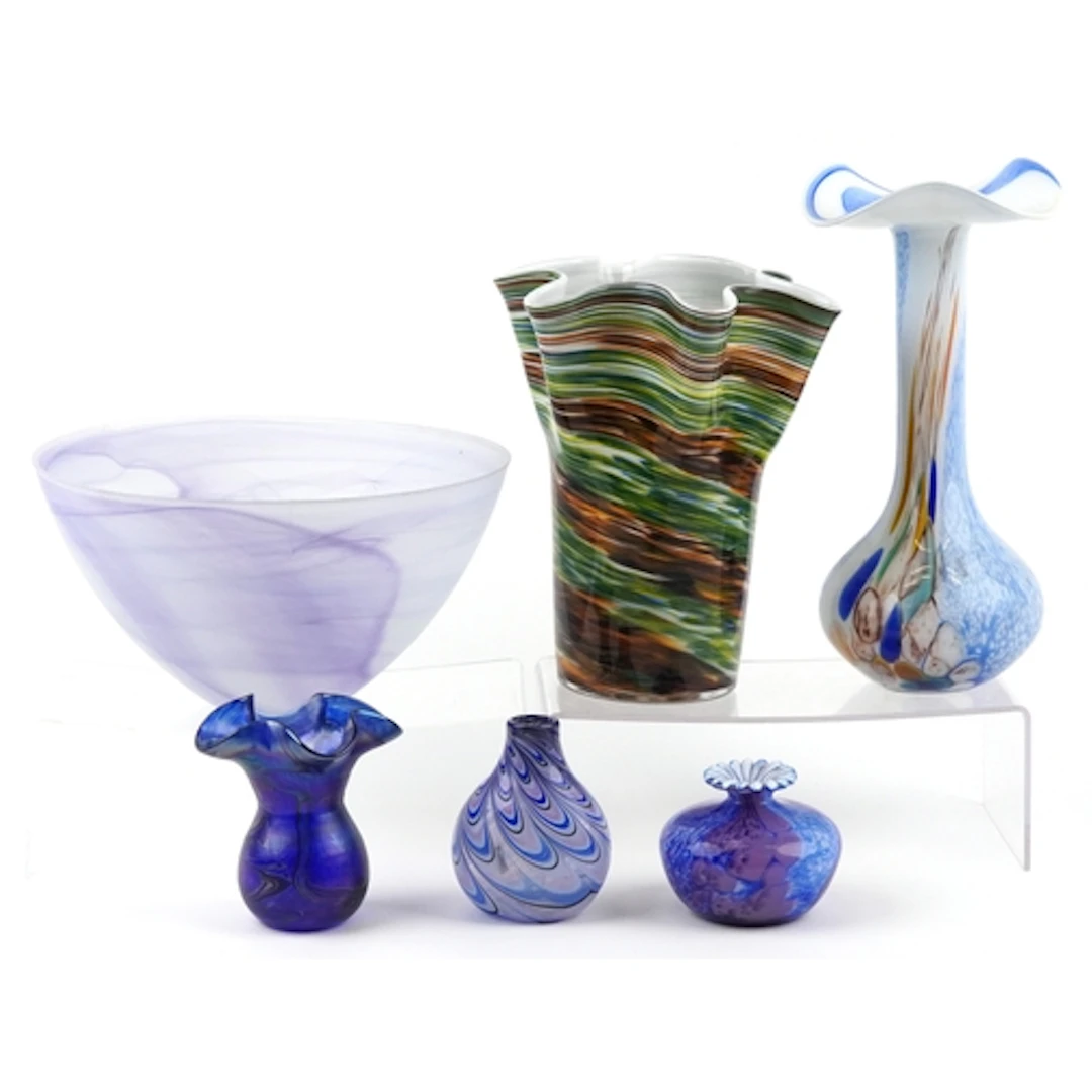 Art Glassware including, an iridescent glass vase, bottlenec...