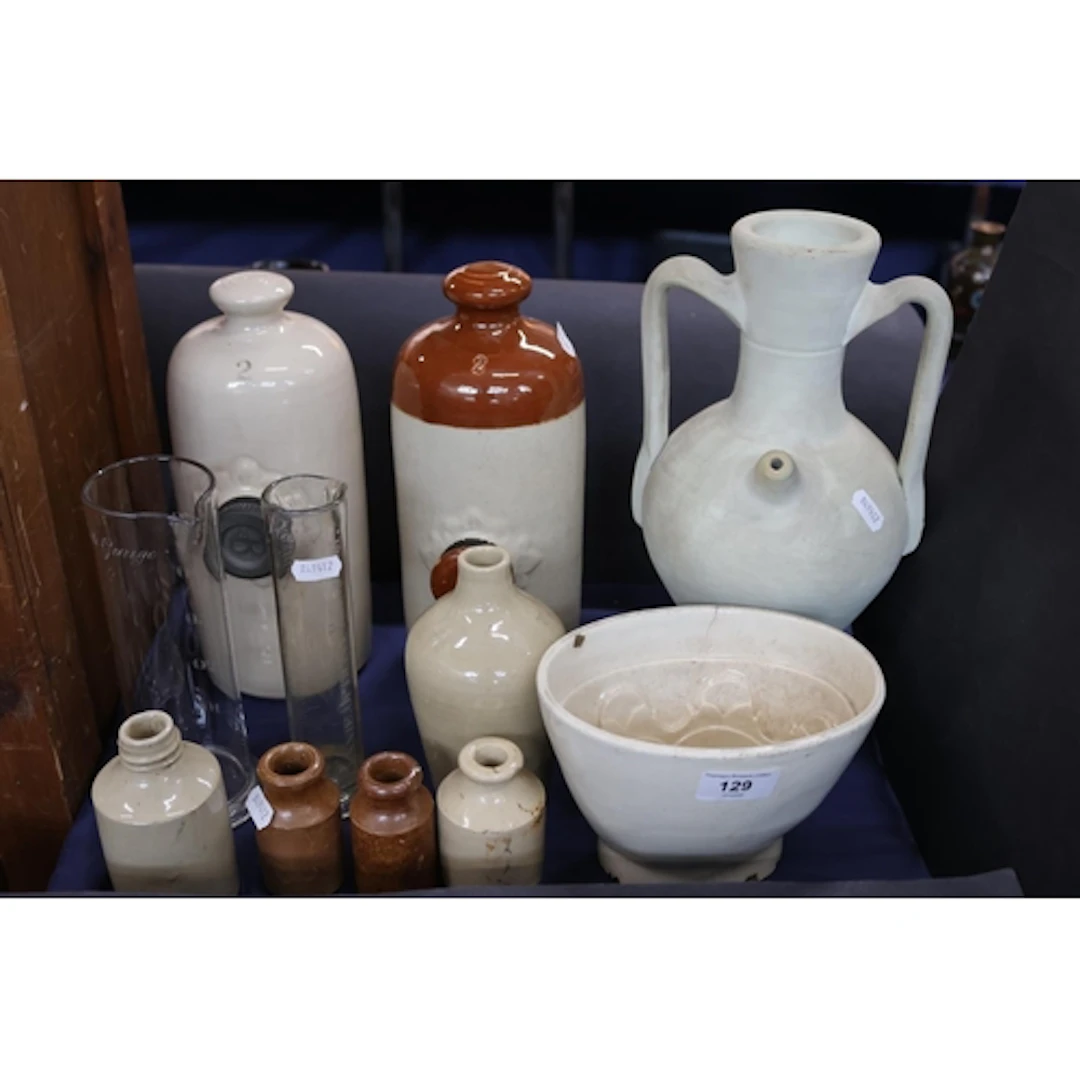 Earthenware hot water bottles, jars, jelly moulds, etc.