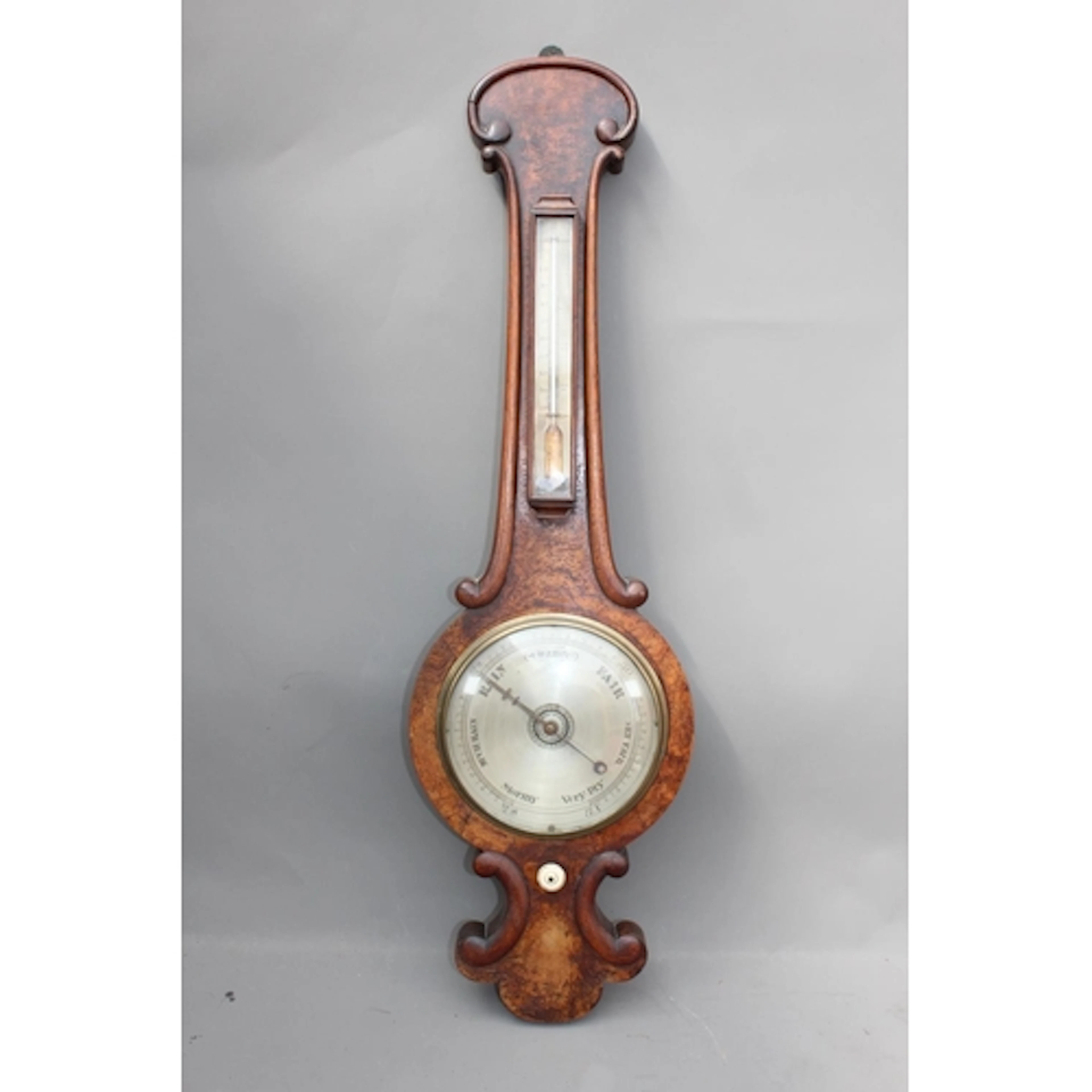 Antique burr wood banjo wall barometer, 91cm tall.
