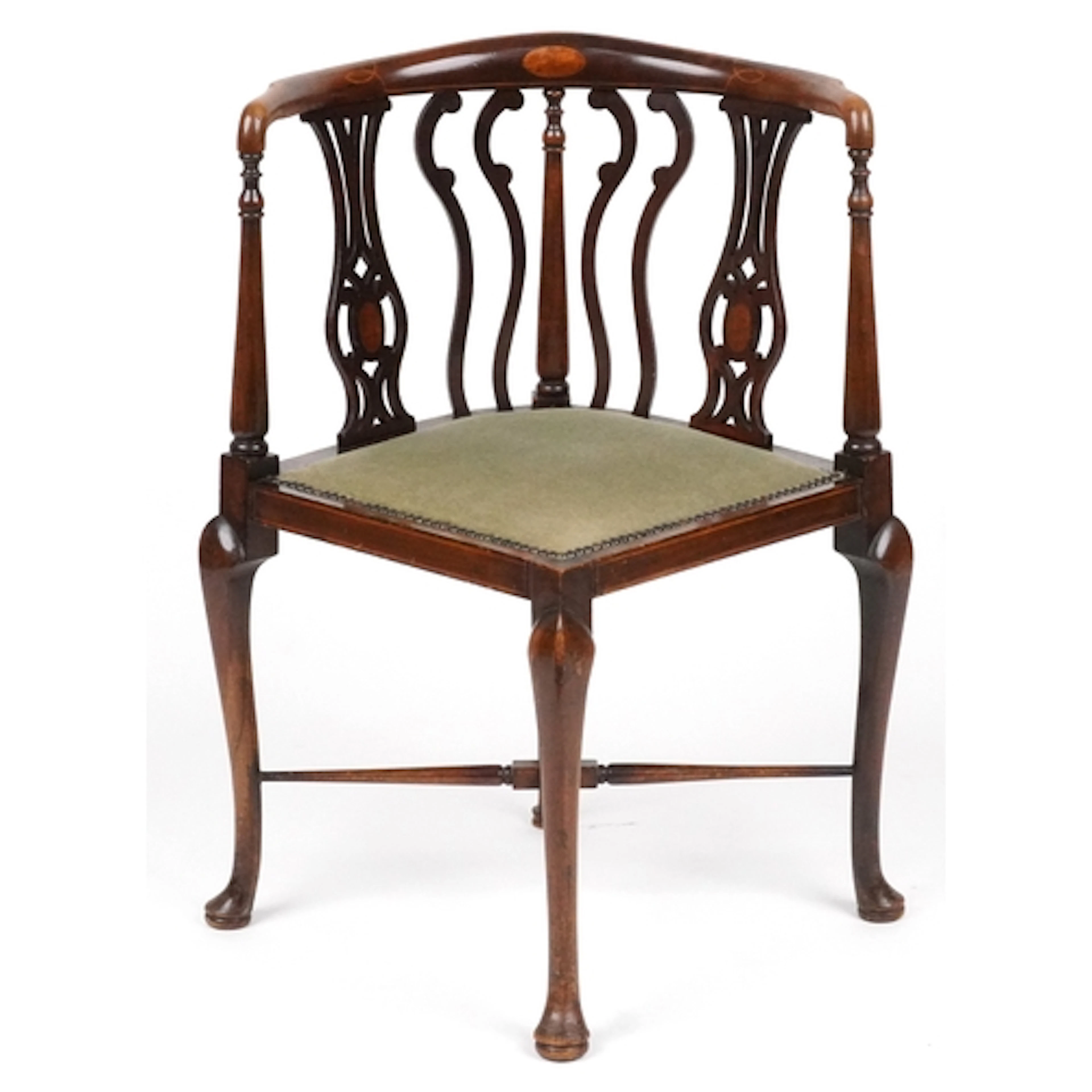 Edwardian mahogany and satinwood inlaid corner chair with cu...