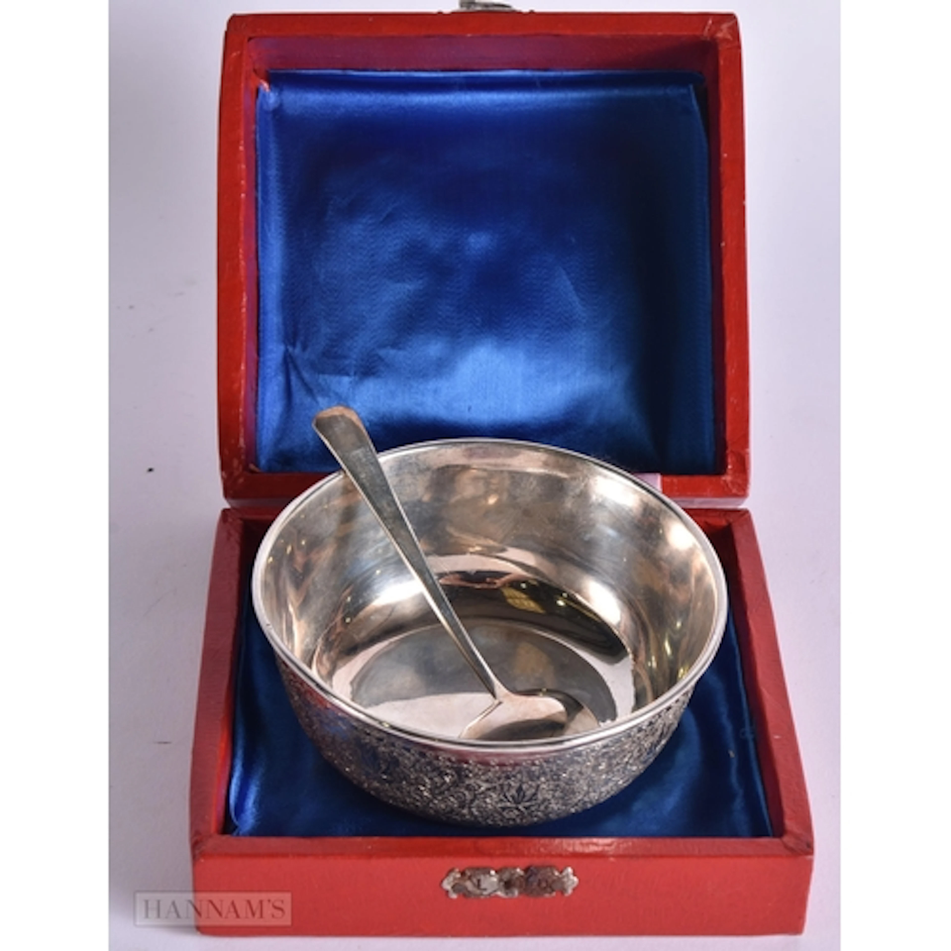 AN INDIAN KASHMIR SILVER BOWL AND SPOON. 165 grams. 10 cm wi...