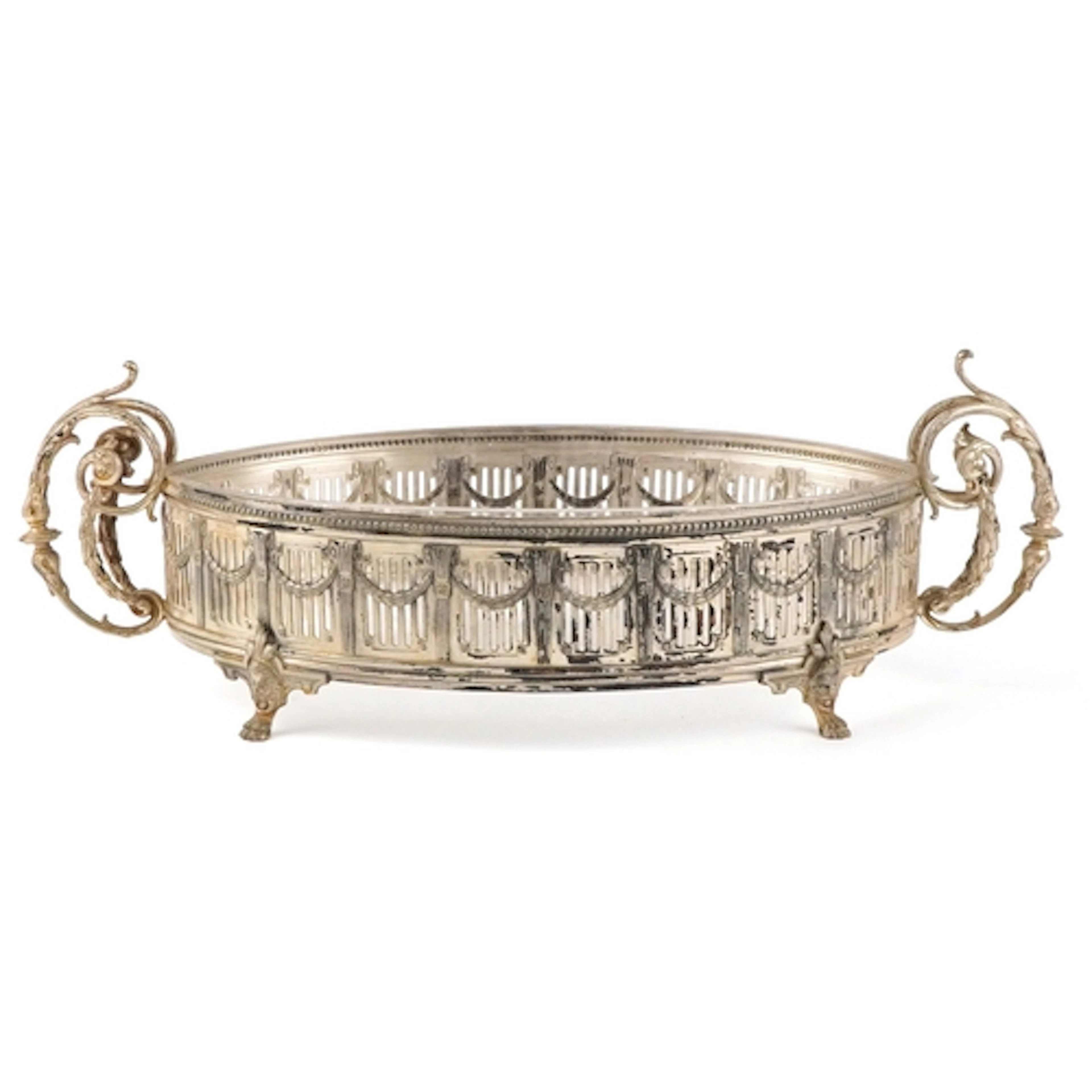 Antique silver plated centrepiece with glass liner and scrol...