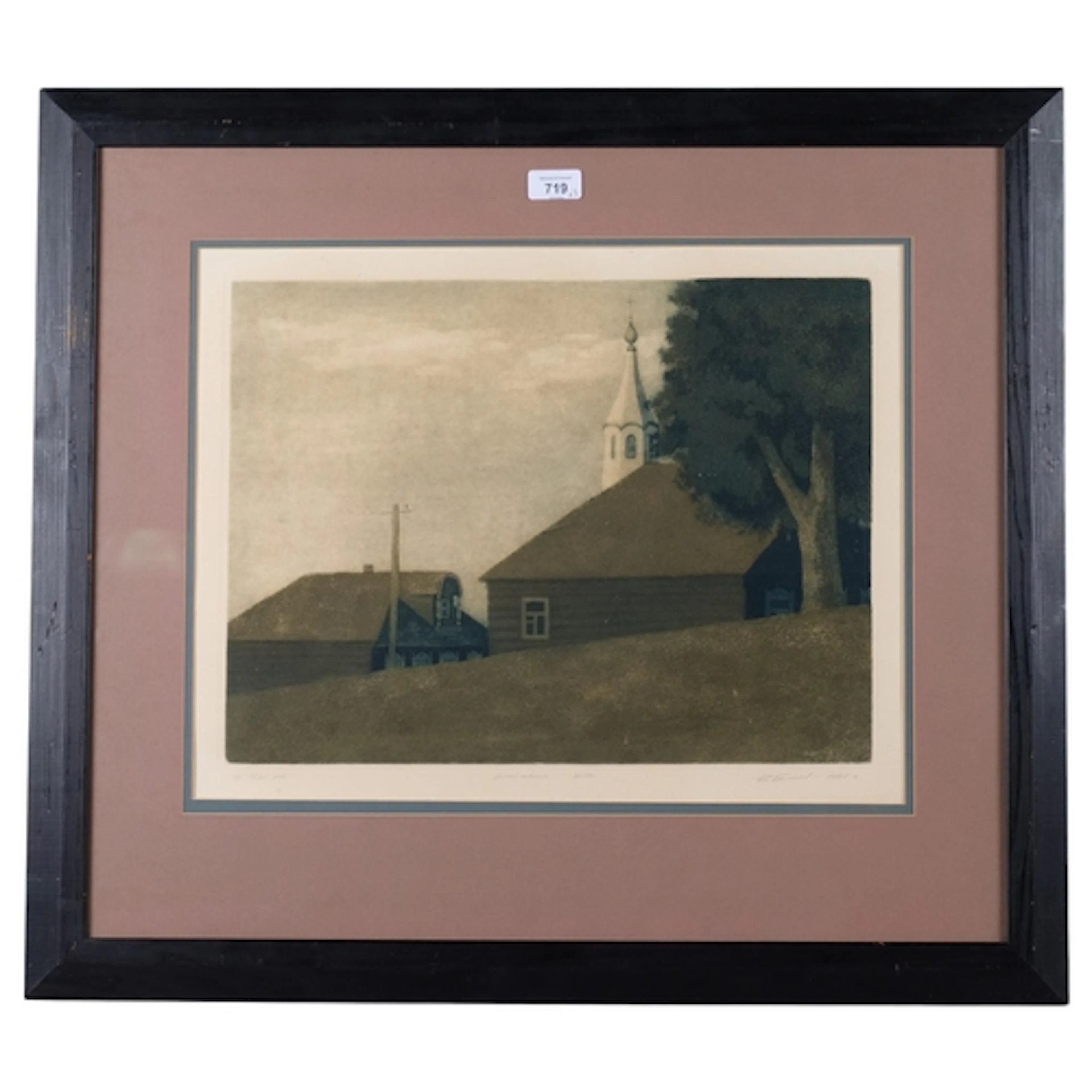 V A Basmanov (Russian), pair of colour prints, country build...