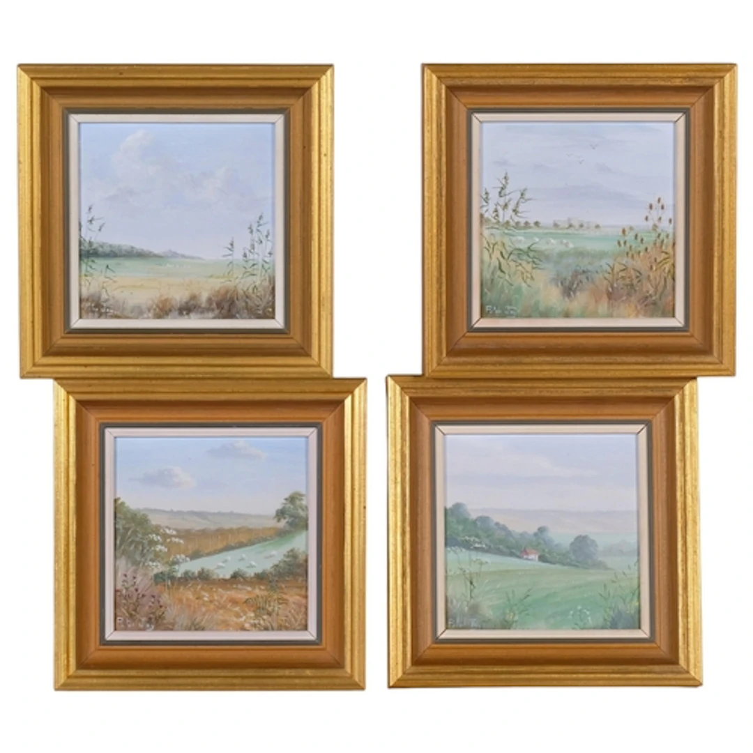 Peter Jay, 4 landscapes, oils on board, 15cm x 15cm, framed ...
