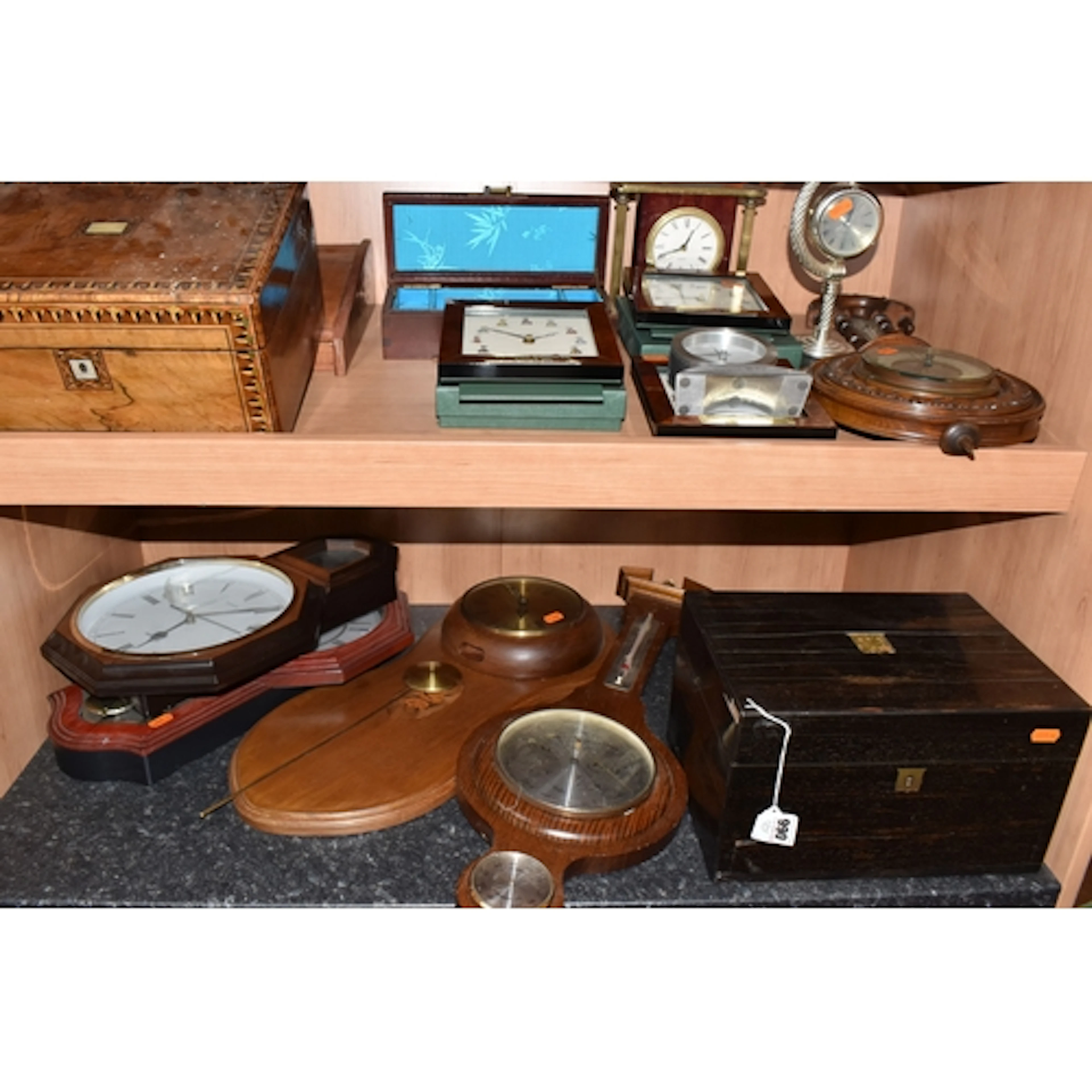 A GROUP OF VARIOUS CLOCKS AND WOODEN BOXES, to include a Vic...