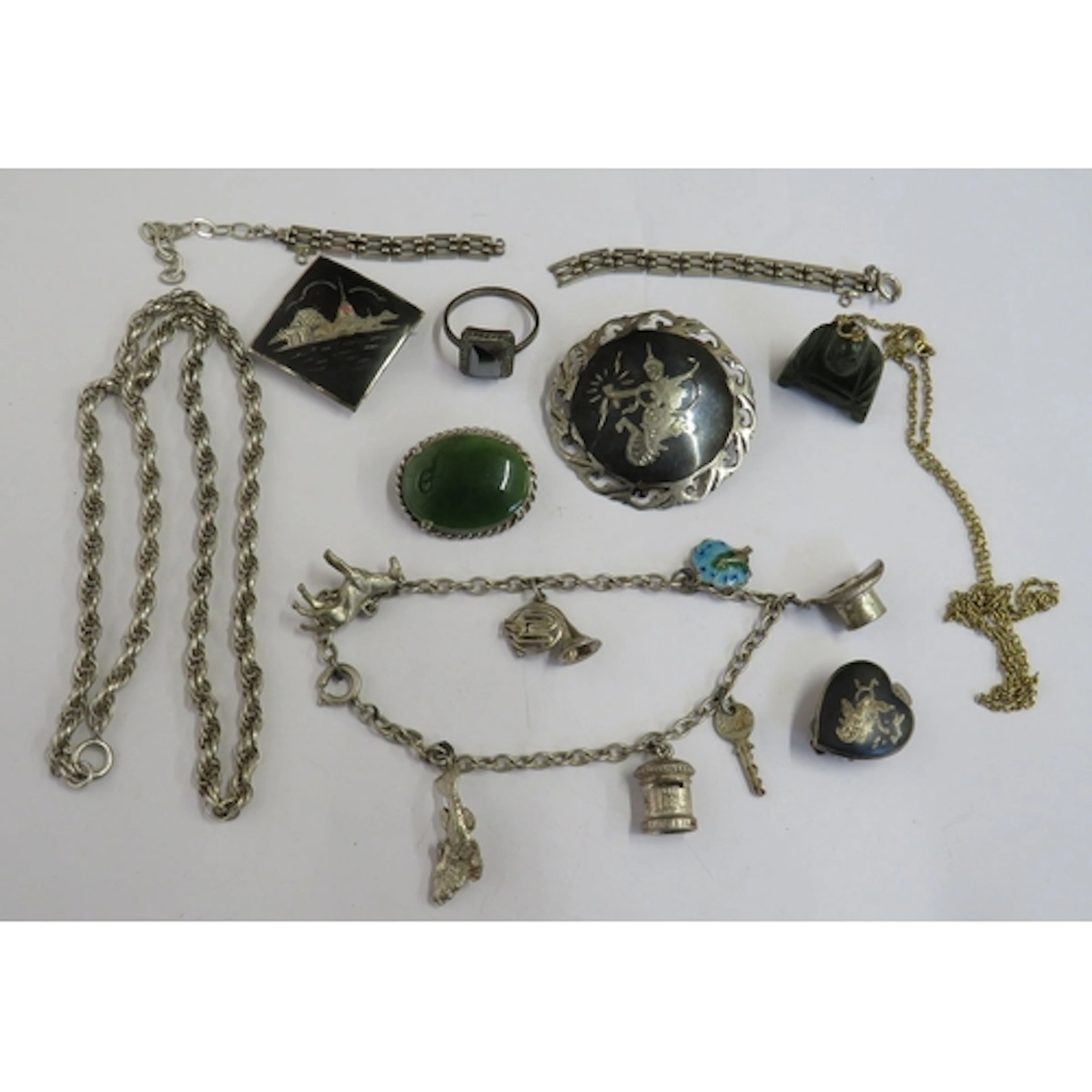 Oriental Nilo Silver Brooches, clip-on earring, ring set mar...