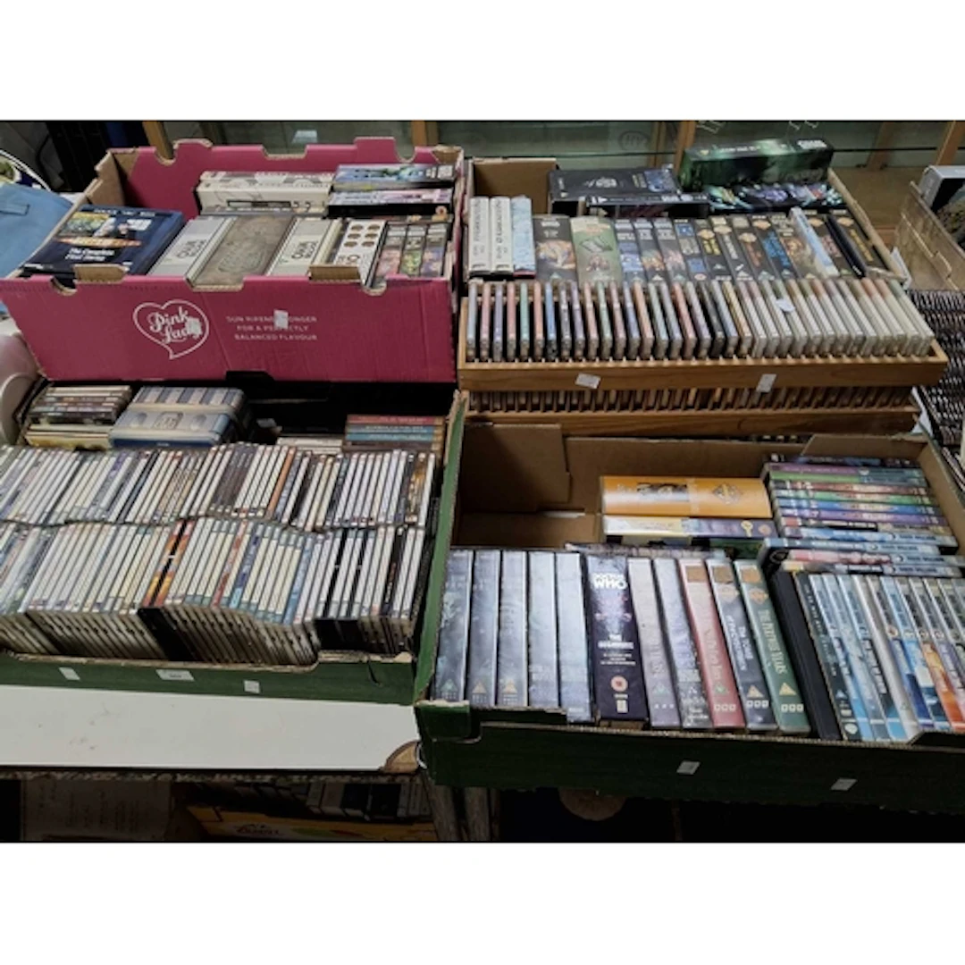 SIX BOXES OF DOCTOR WHO VHS TAPES, DVDS AND CDS, to include ...