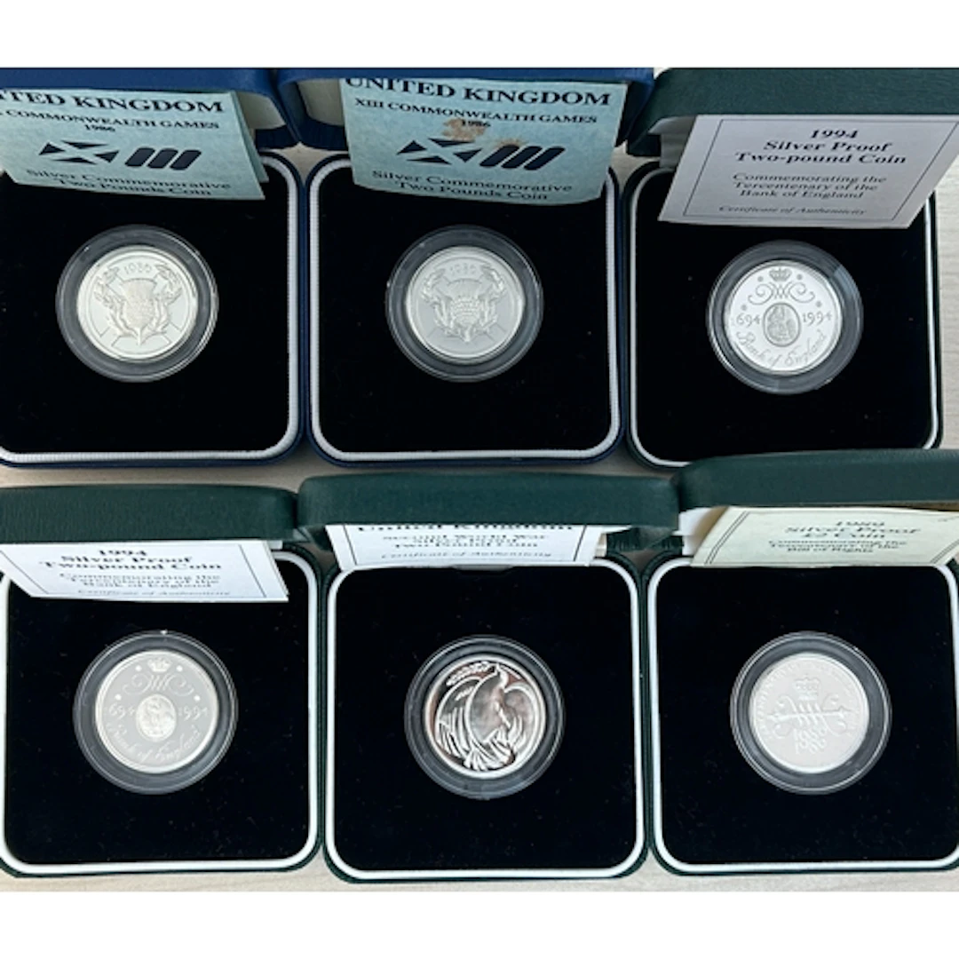 A duplicated group of six UK QEII silver proof £2 coins, dat...