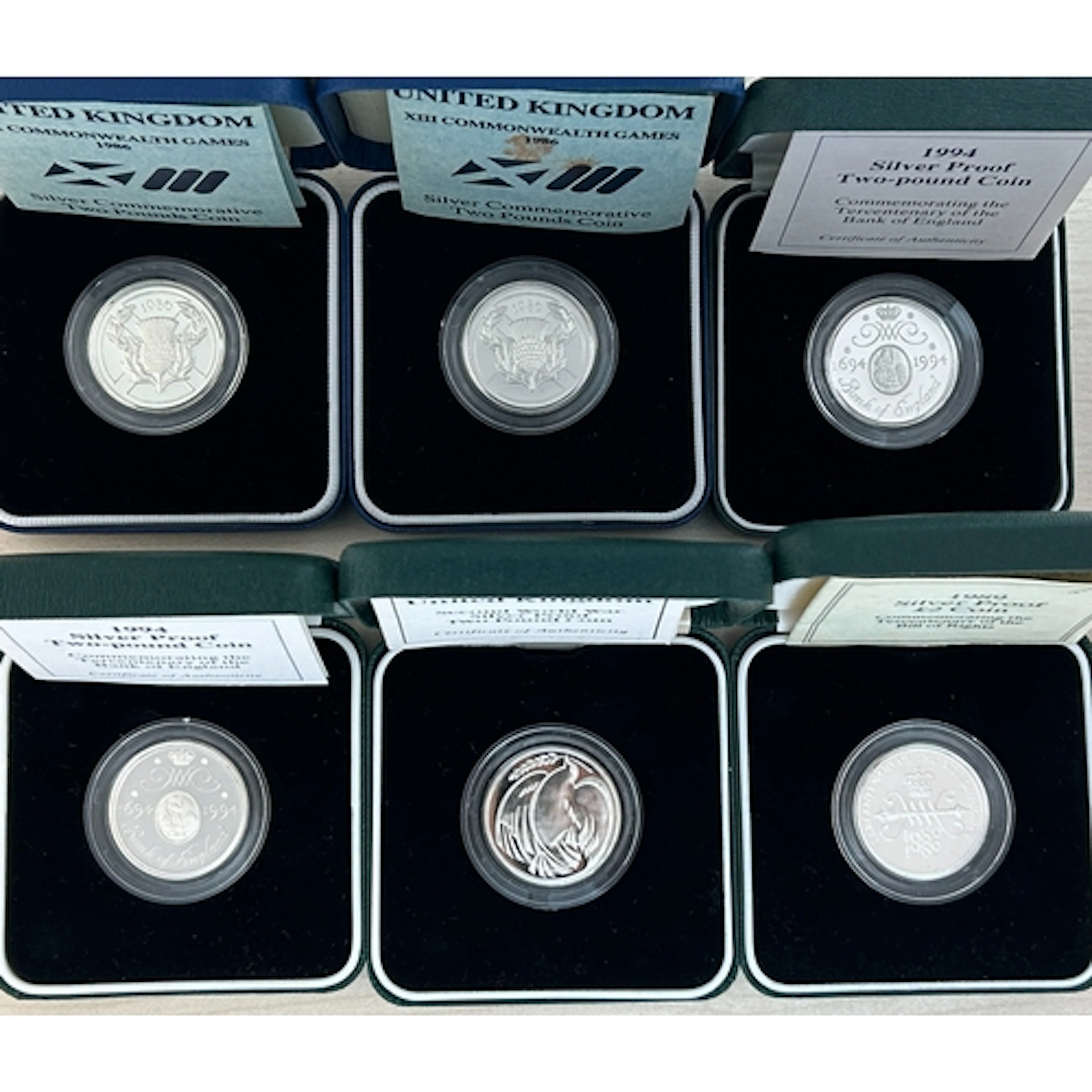 A duplicated group of six UK QEII silver proof £2 coins, dat...