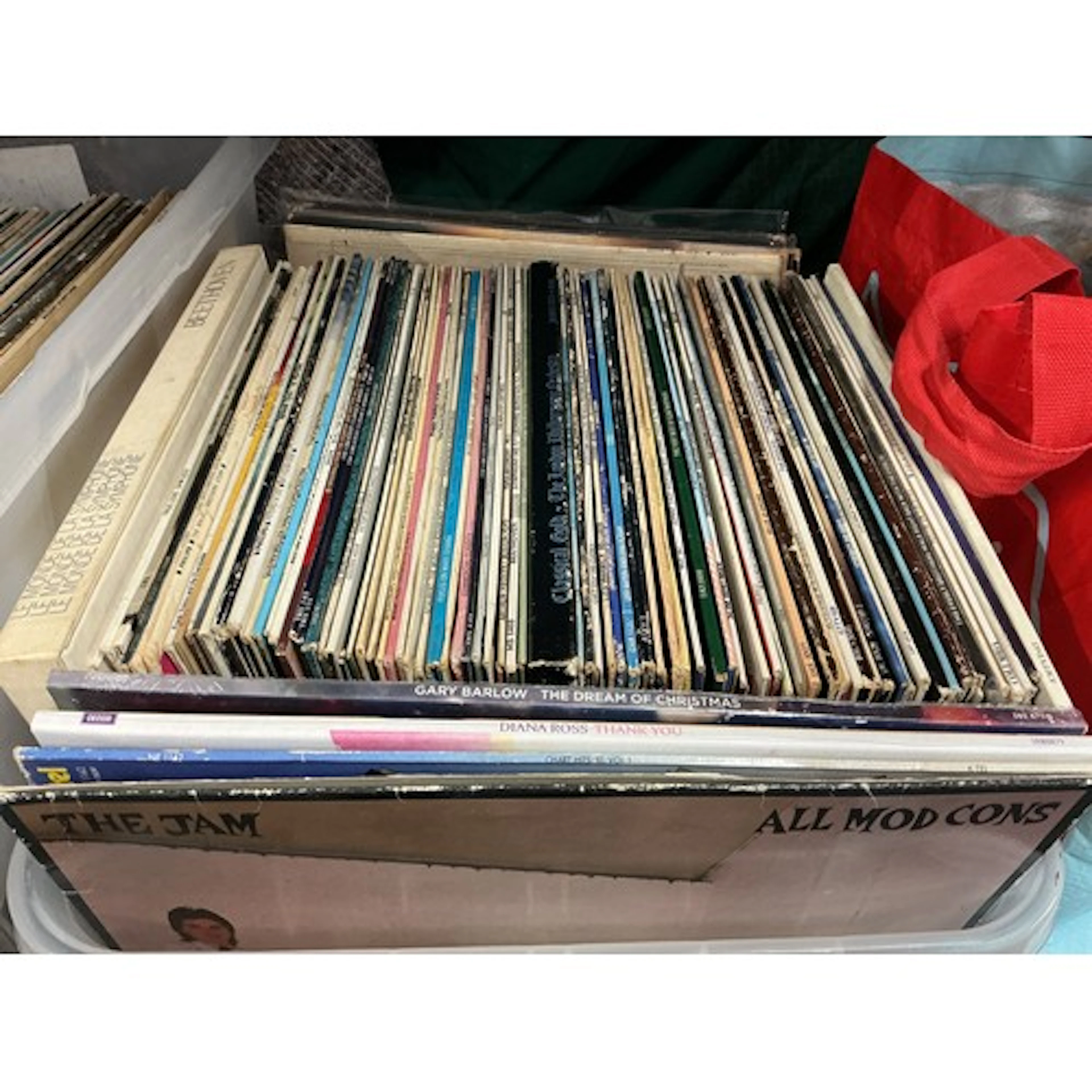 Three boxes and a bag of LPs by various artists including Th...