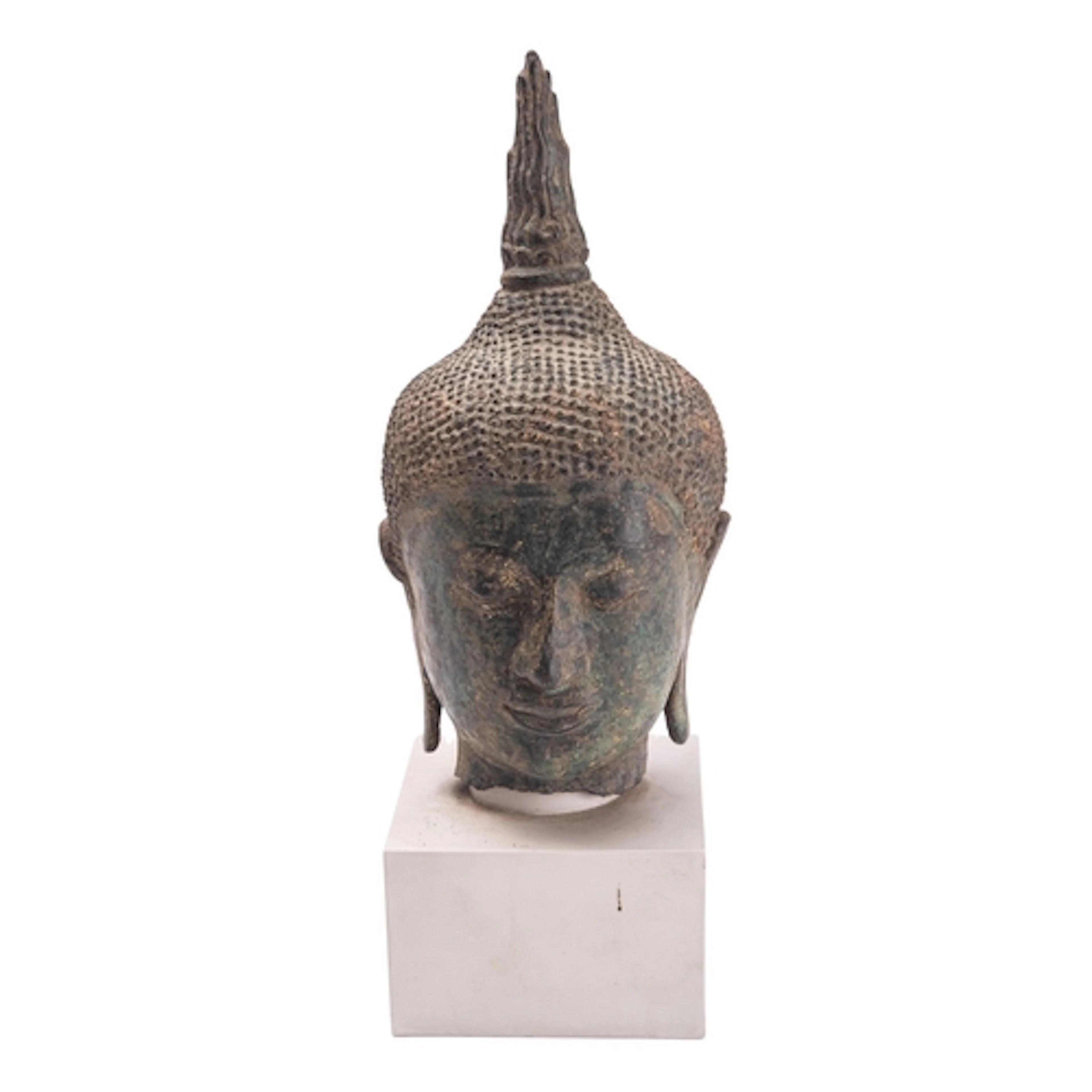 A Thai bronze head of Buddha with curled hair, serene expres...