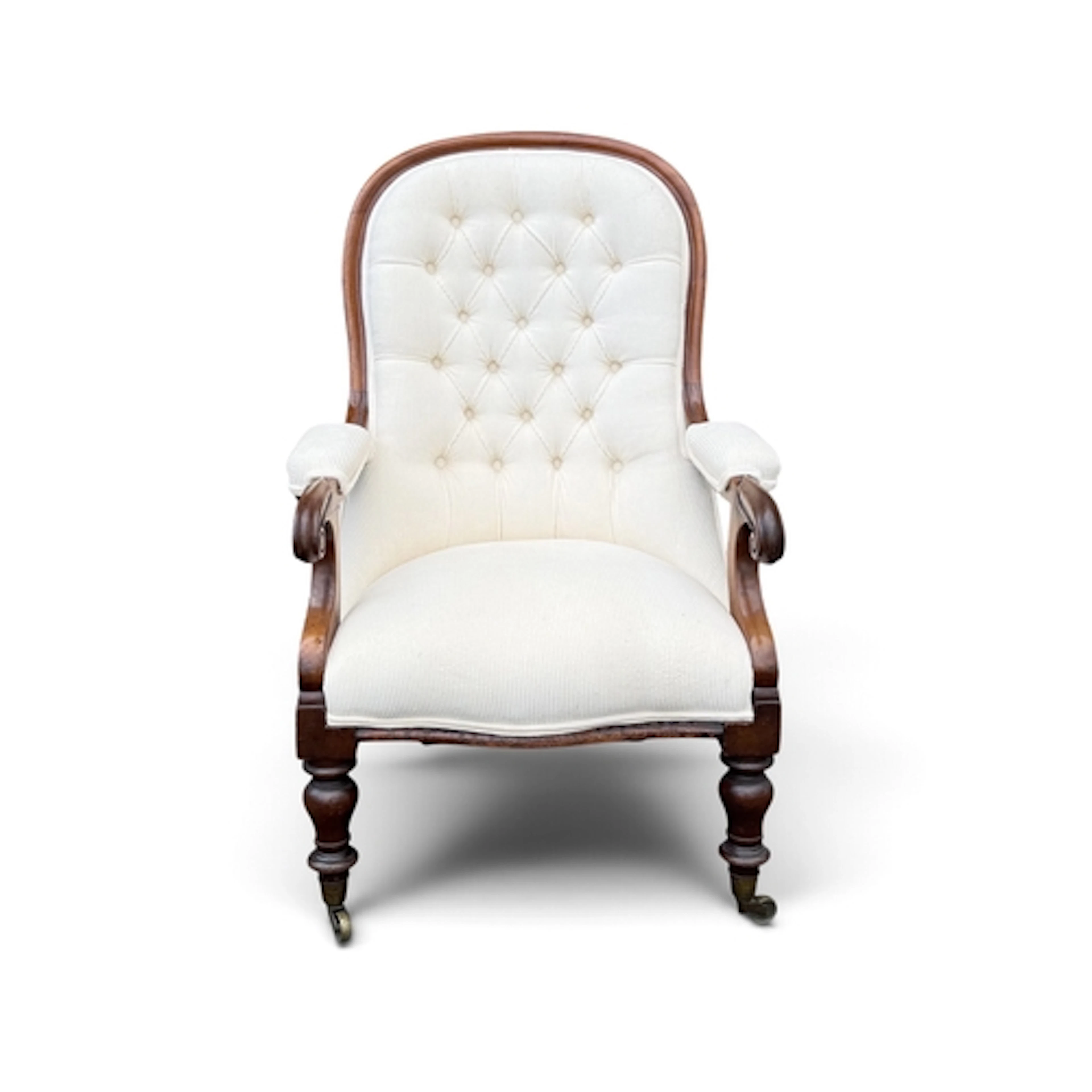 A VICTORIAN MAHOGANY FARME OPEN ARMCHAIR With scrolling arms...
