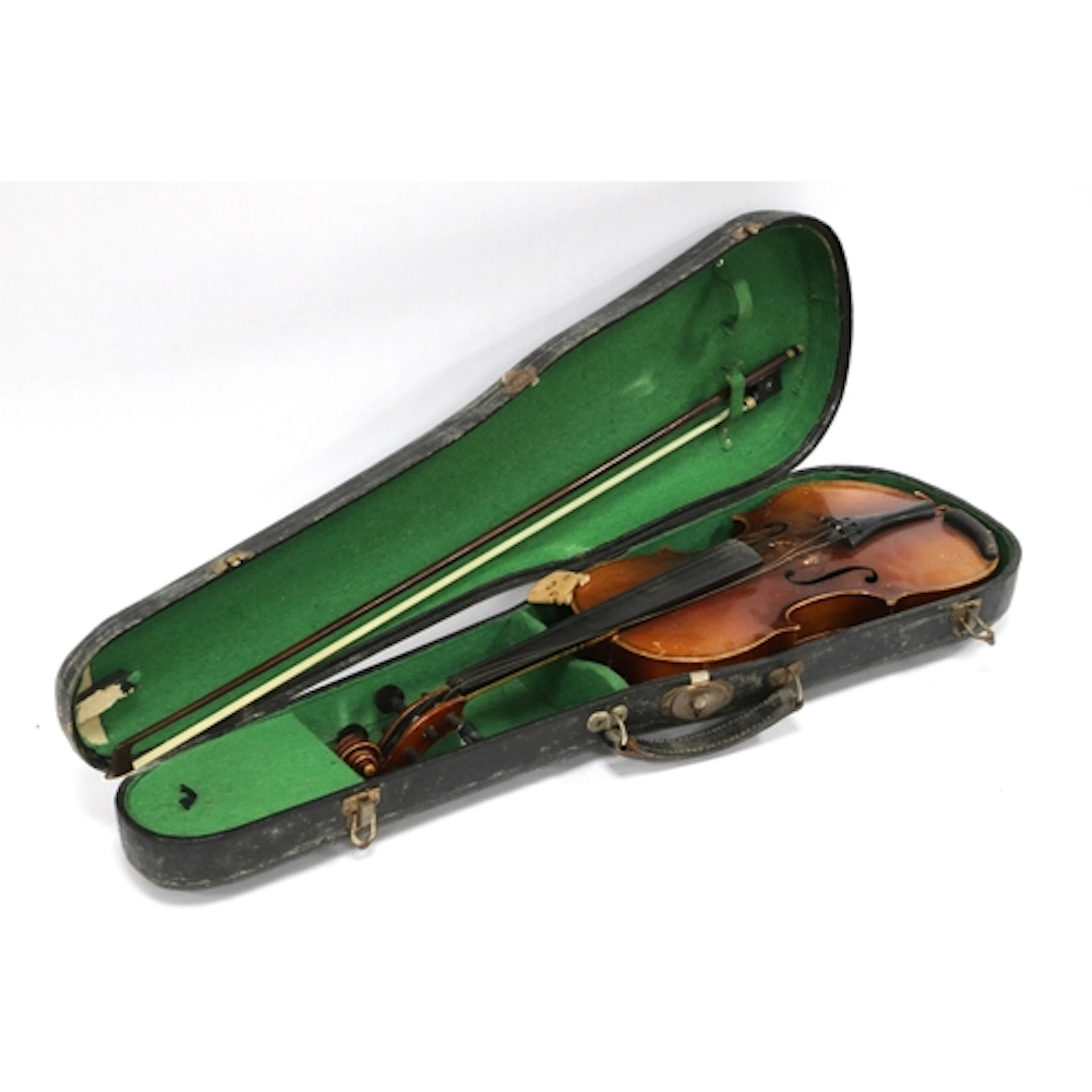 A Vintage Violin, with two-piece back and bow, cased.