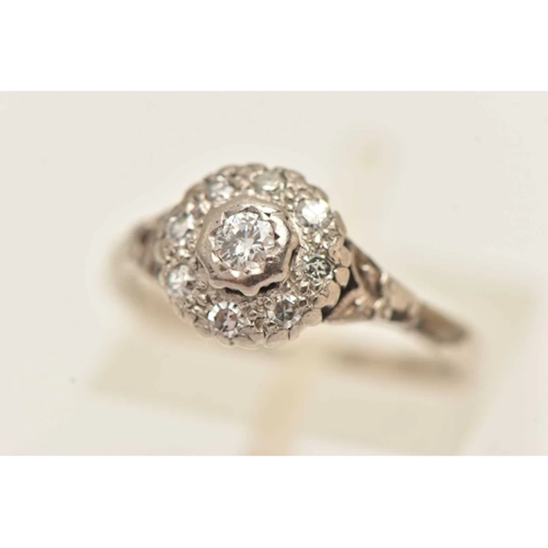 A DIAMOND CLUSTER RING, a round brilliant cut diamond set wi...