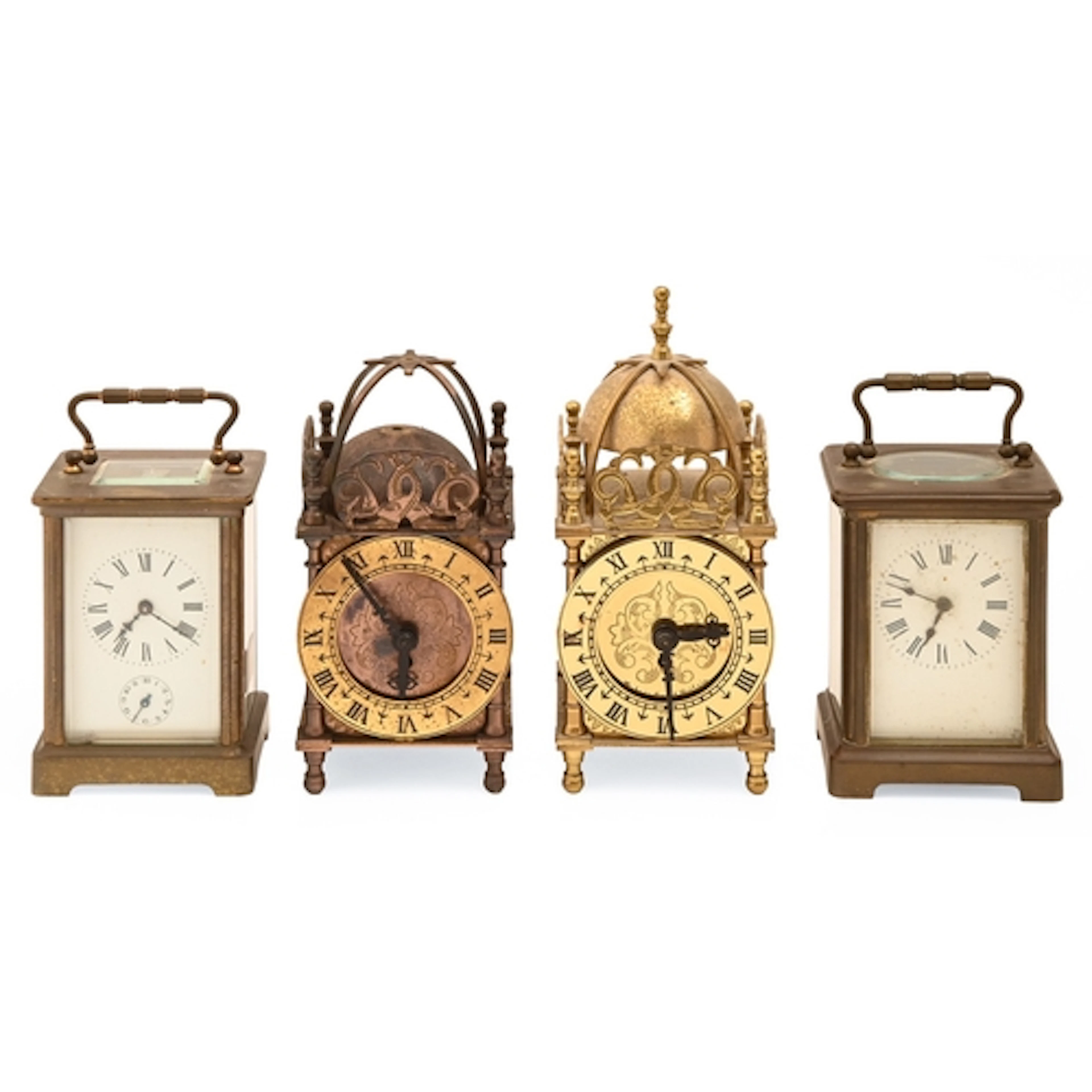A French brass carriage clock, early 20th c, the enamel dial...