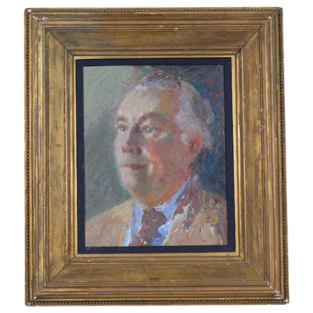 John Ridger, self-portrait, oil on board, 35cm x 28cm, frame...