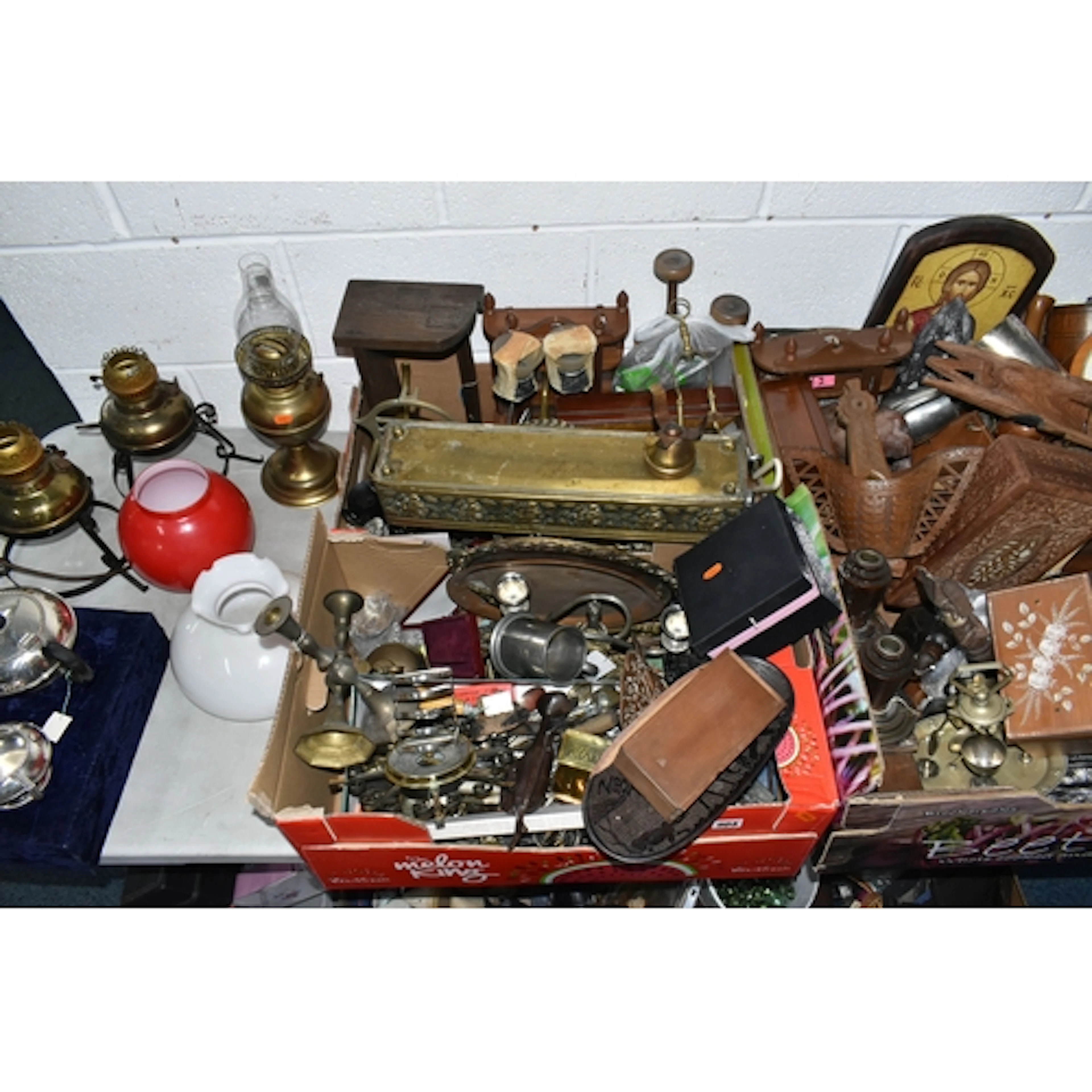 FOUR BOXES AND LOOSE ASSORTED METALWARE AND TREEN to include...