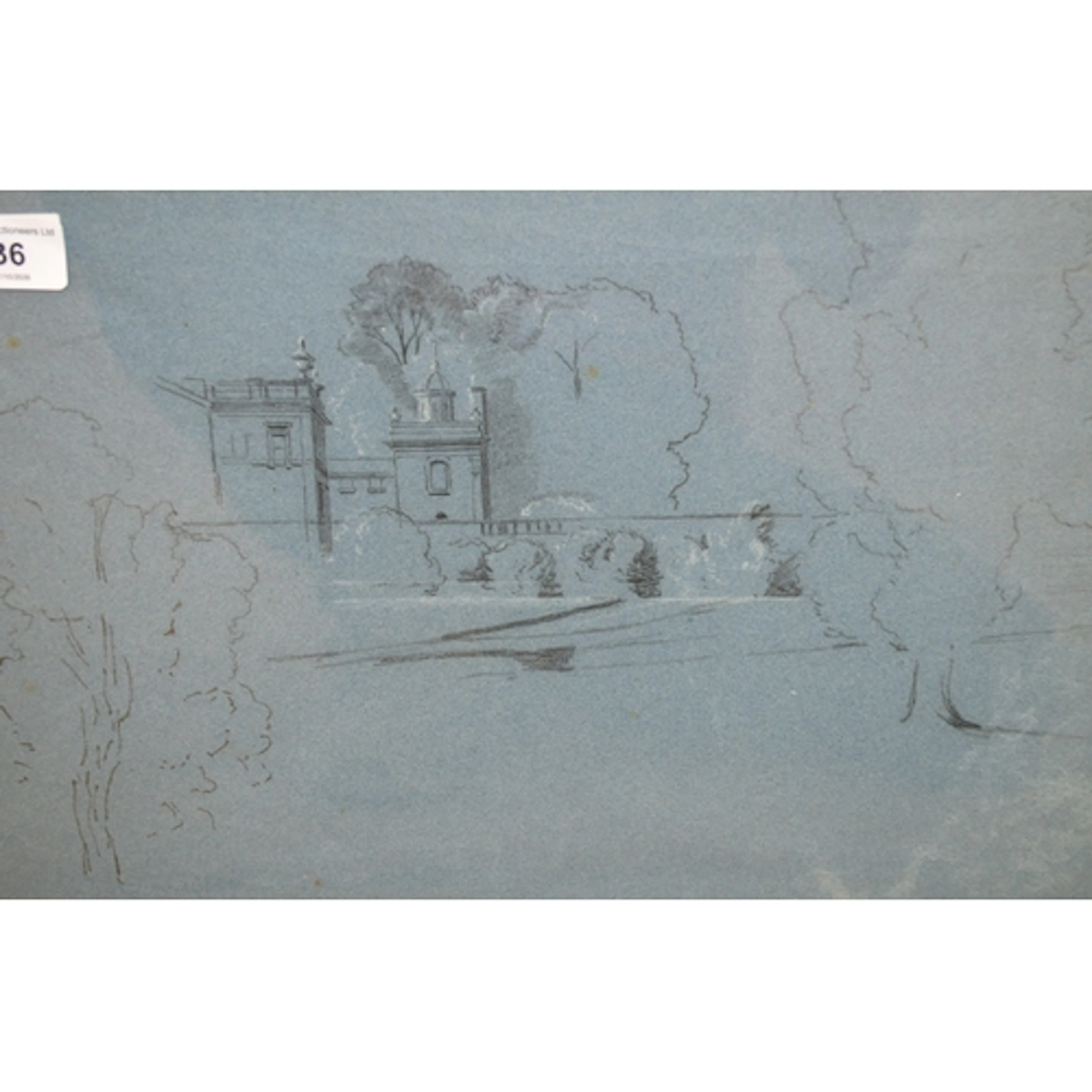Pencil drawing on blue paper, buildings in a landscape, 24 x...