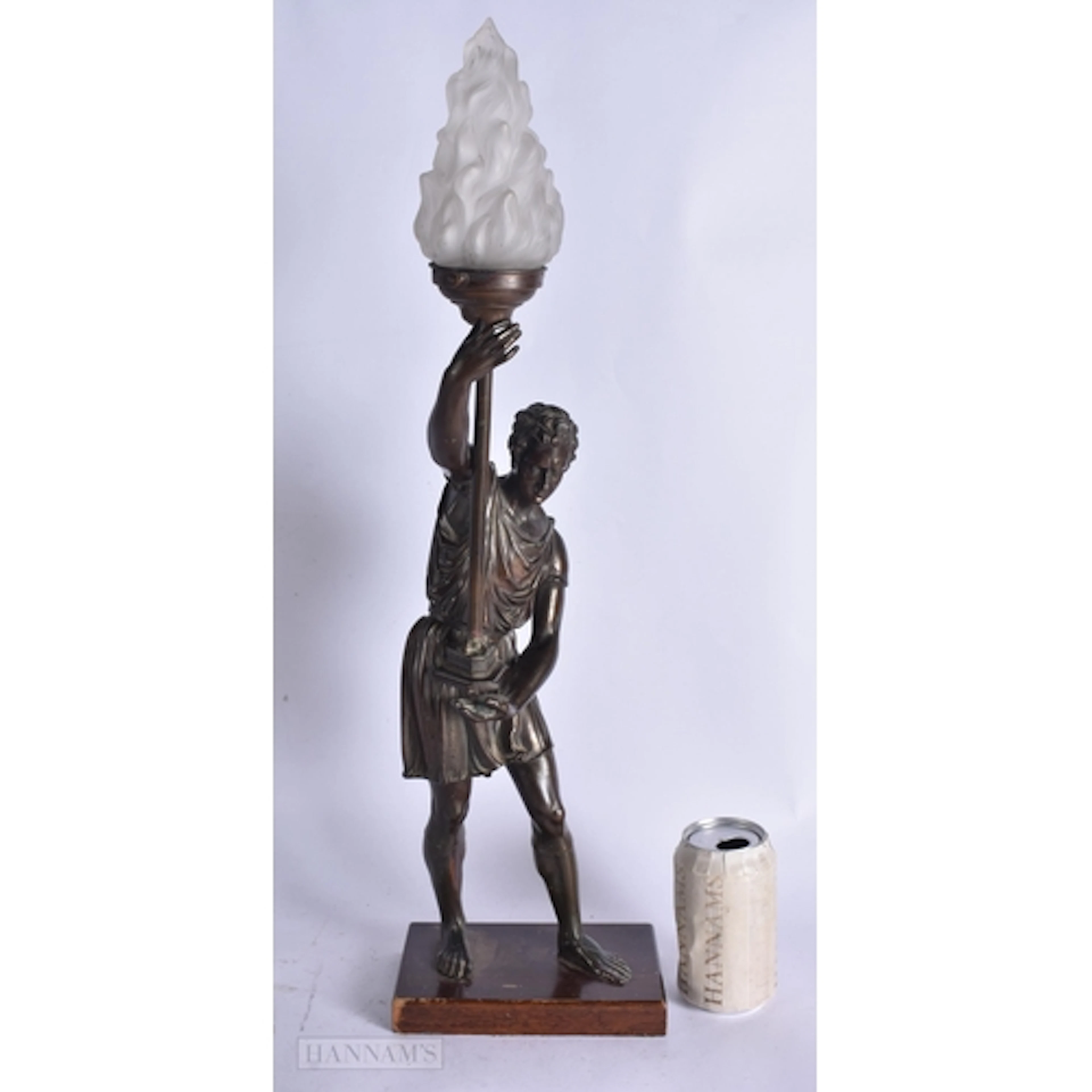 A 19TH CENTURY GRAND TOUR BRONZE AND FROSTED GLASS LAMP form...