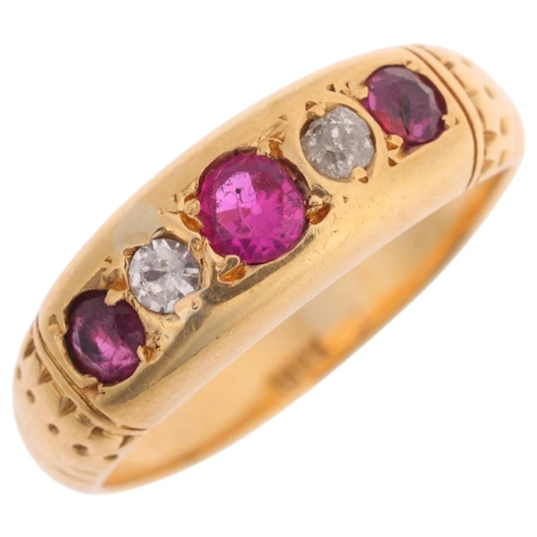 An Antique 18ct gold five stone ruby and diamond ring, set w...