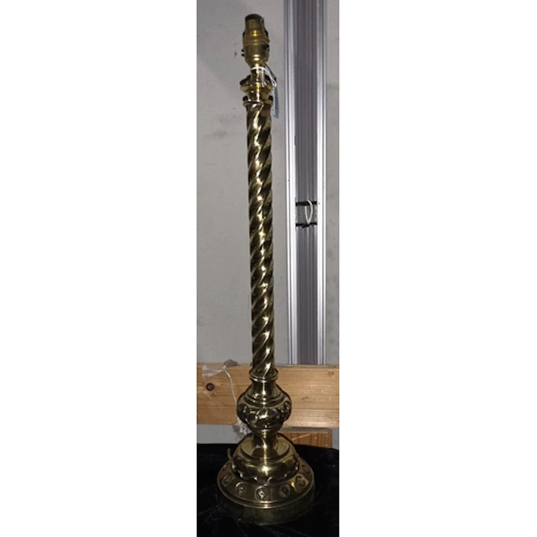 A VINTAGE LAMP BASE, brass spiral column with ecclesiastical...