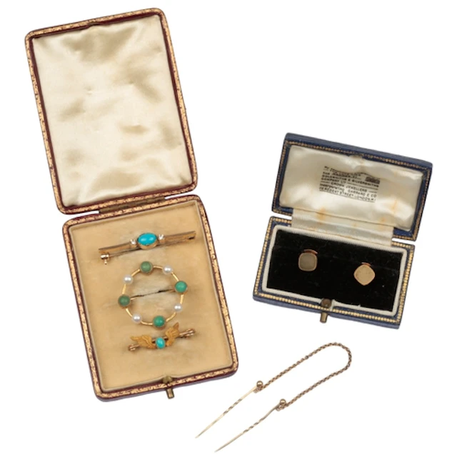 A collection of gold and turquoise brooches and a pair of go...